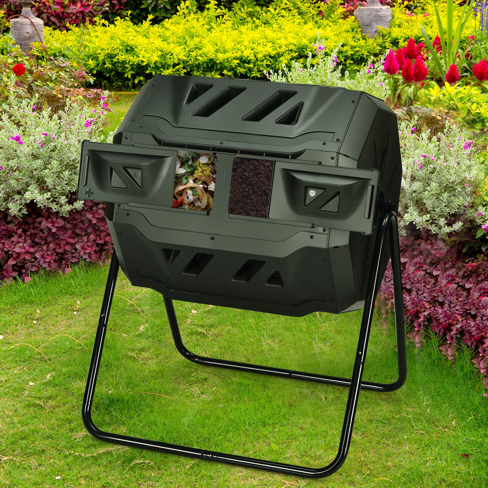 GYMAX Compost Tumbler Bin, 164L Dual Rotating Chamber Tumbling