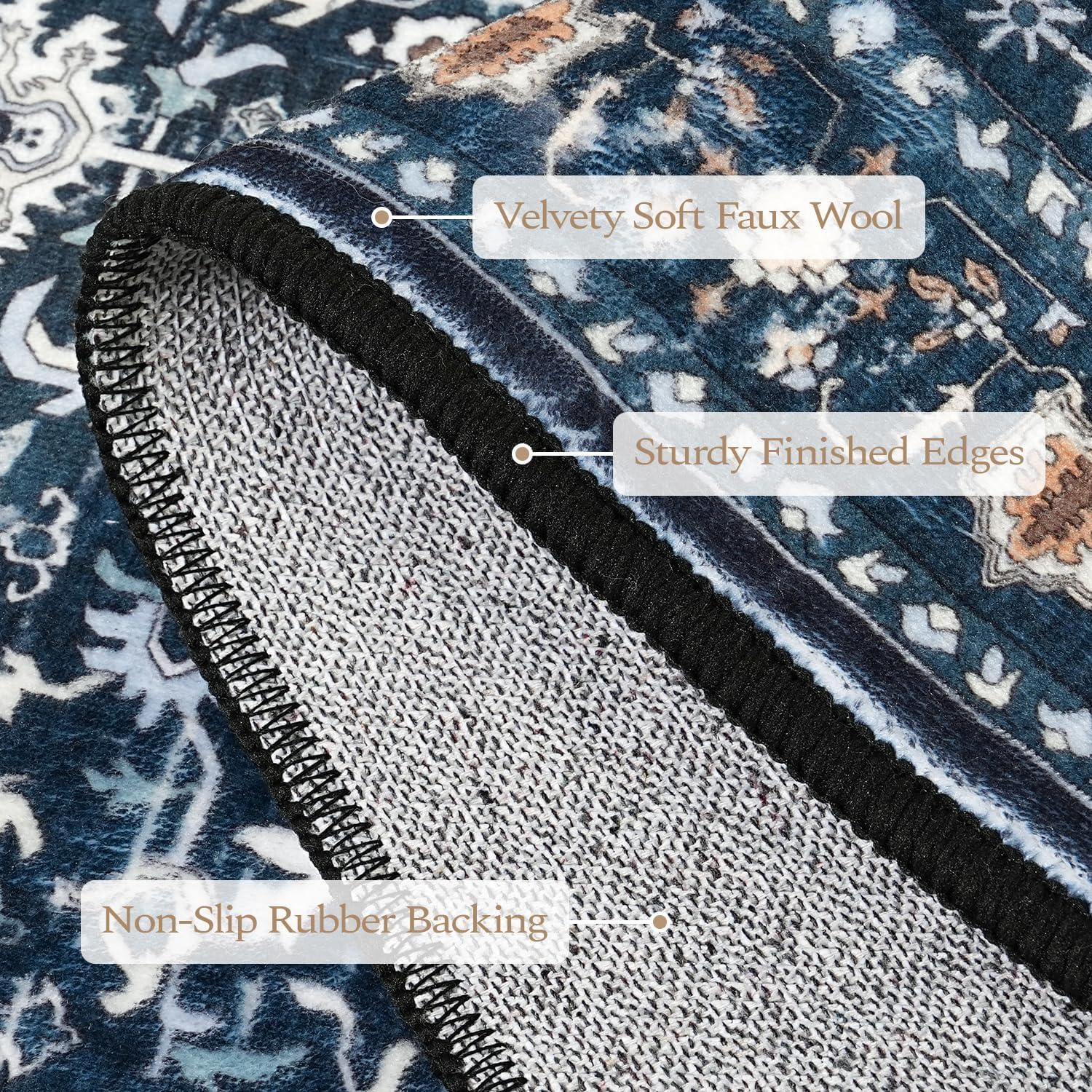 Rugflix 8x10 Area Rugs for Living Room, Washable Rug, Soft Low Pile Carpet, Non-Slip, Stain Resistant, Vintage Area Rug, Navy Blue Rug for Bedroom, Dining Room, Home Office