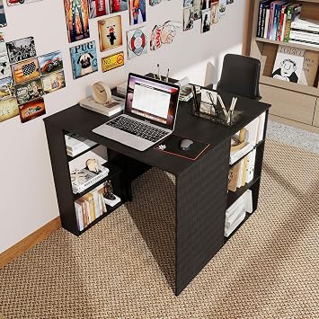 COSTWAY Compact Computer Desk, Small Wooden Study Writing Workstation with Open Compartment, Modern Simple PC Laptop Table Working Desk for Home Office Bedroom (Black, 90 x 45 x 74cm)