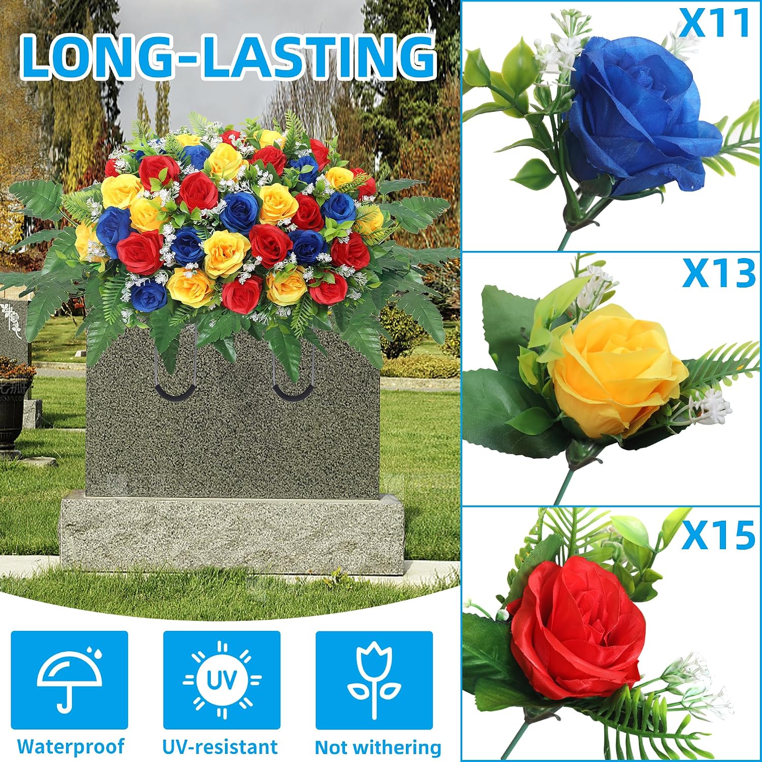 Cemetery Headstone Flower Saddle,Artificial Cemetery Flower Saddles for Graves,Artificial Rose Cemetery Memorial Flowers for Outdoor Tombstone Headstone Decorations (Colour)