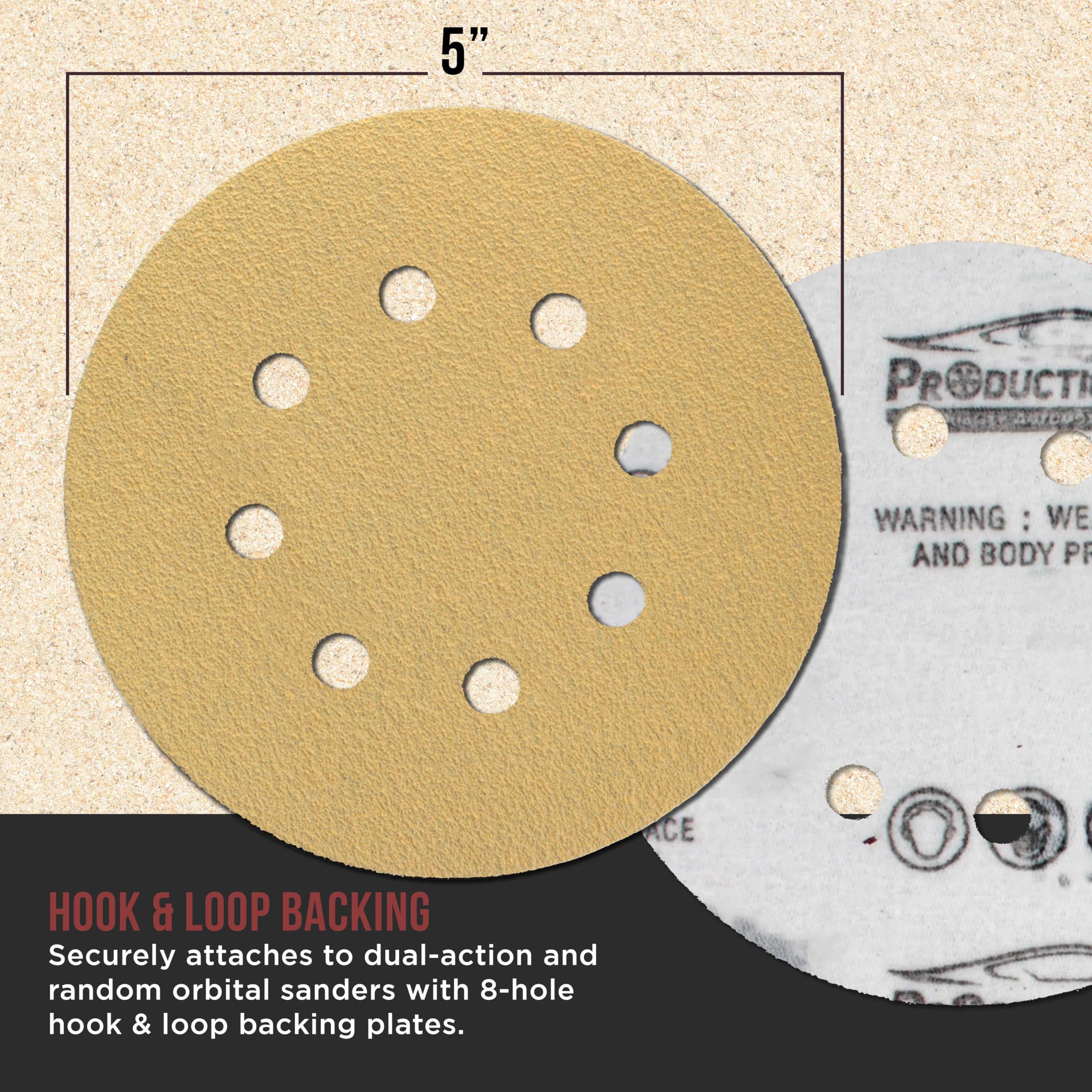 ProductionShop Discos de lijado dorados de grano 40 de 5 pulgadas, patrón de 8 agujeros, caja de 80 – Papel de lija de respaldo de velcro sin polvo para lijadoras orbitales DA y aleatorias, pintura de