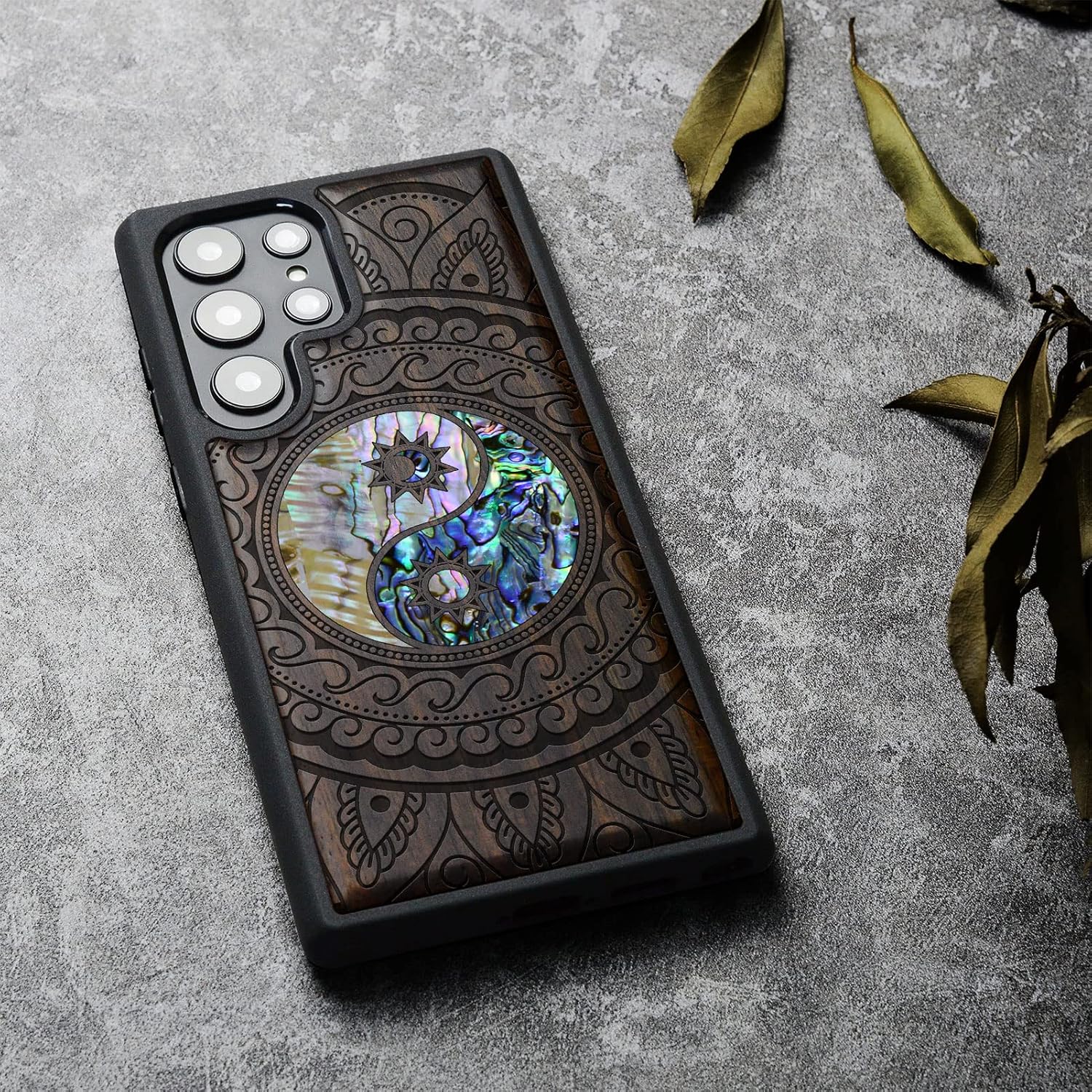 Carveit Designer Wooden Case for Samsung Galaxy S23 Ultra Cover [Wood Engraving & Shell Inlay] Compatible with Wireless Chargers Galaxy S23 Ultra Case (Yin Yang Paisley-Blackwood)