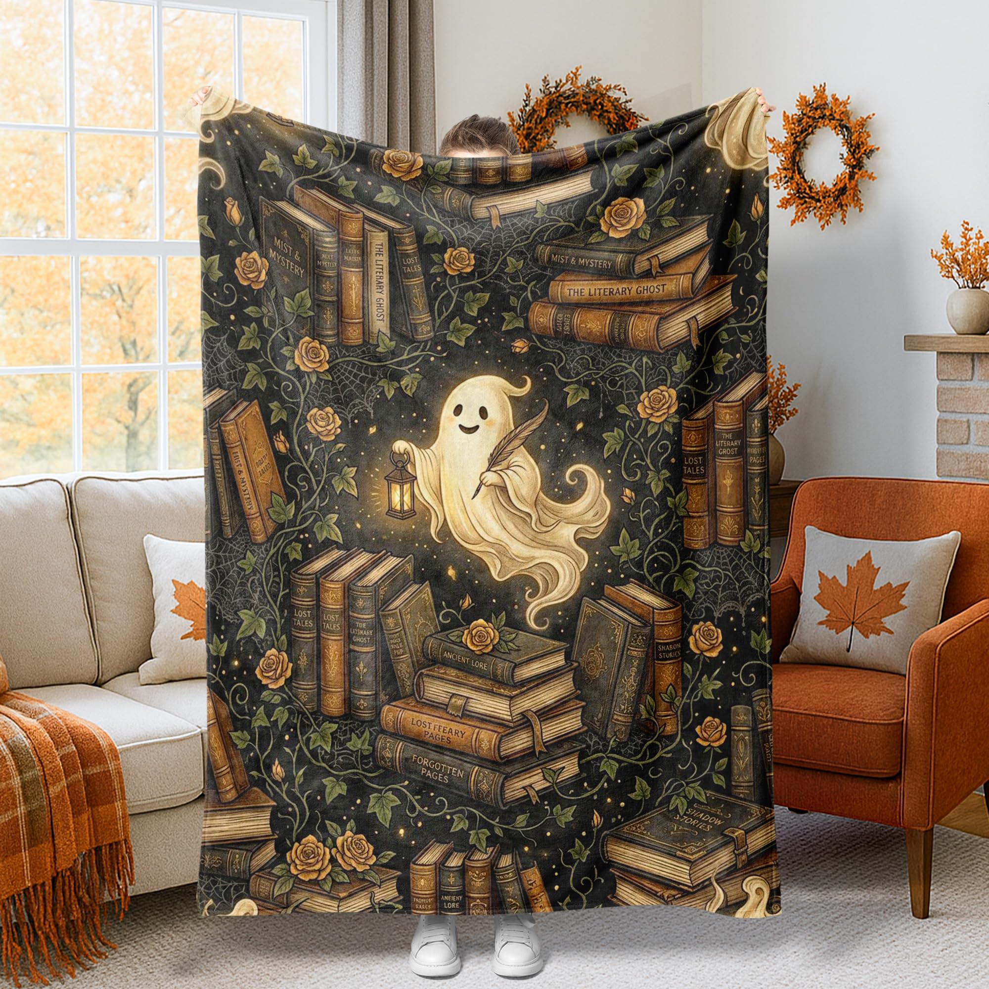 Manta de fantasma y libros rosas el regalo de Halloween ideal
