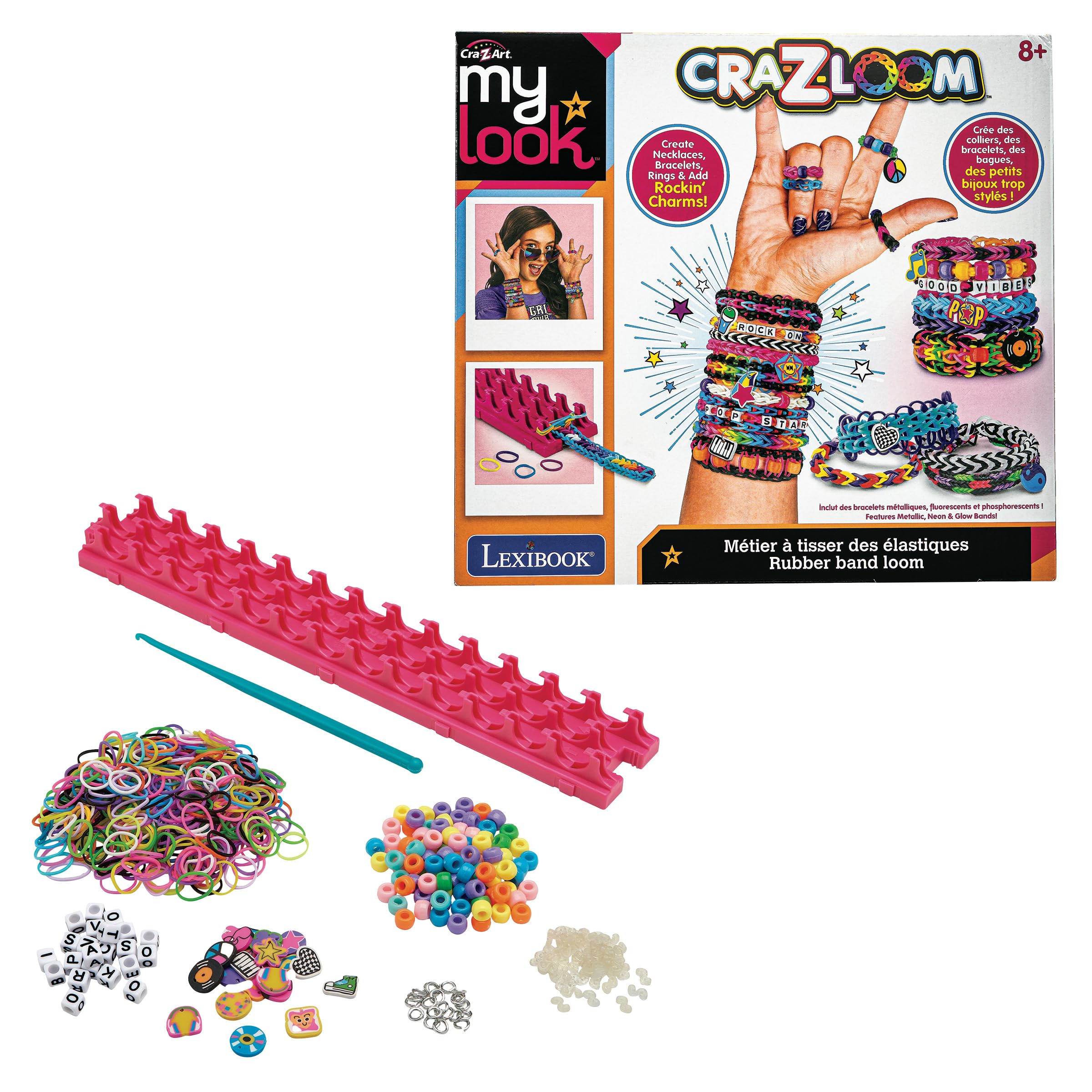 LEXIBOOK, Rock 'n' Roll Elastic Bracelet Weaving Kit, Pink Purple Blue Green Orange Yellow Red Black White, CRLOOM6