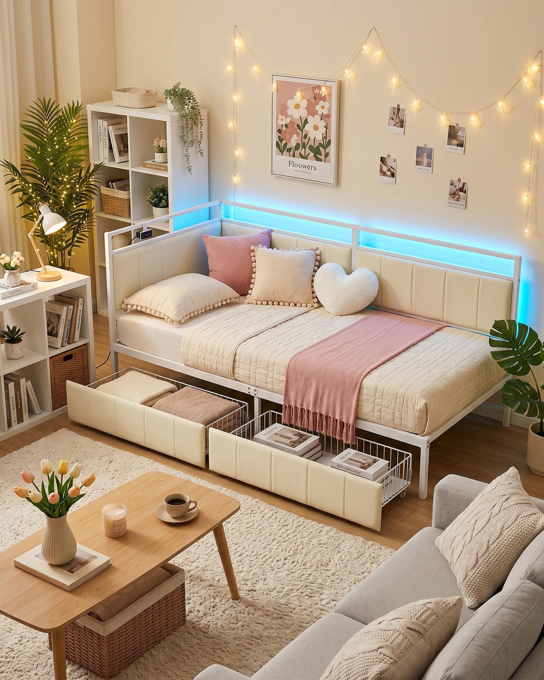 Cama para adolescentes, 90 x 200 cm, sofá cama, cama de día con almacenamiento, cama tapizada con cabecera acolchada, marco de cama de metal, blanco/beige, terciopelo