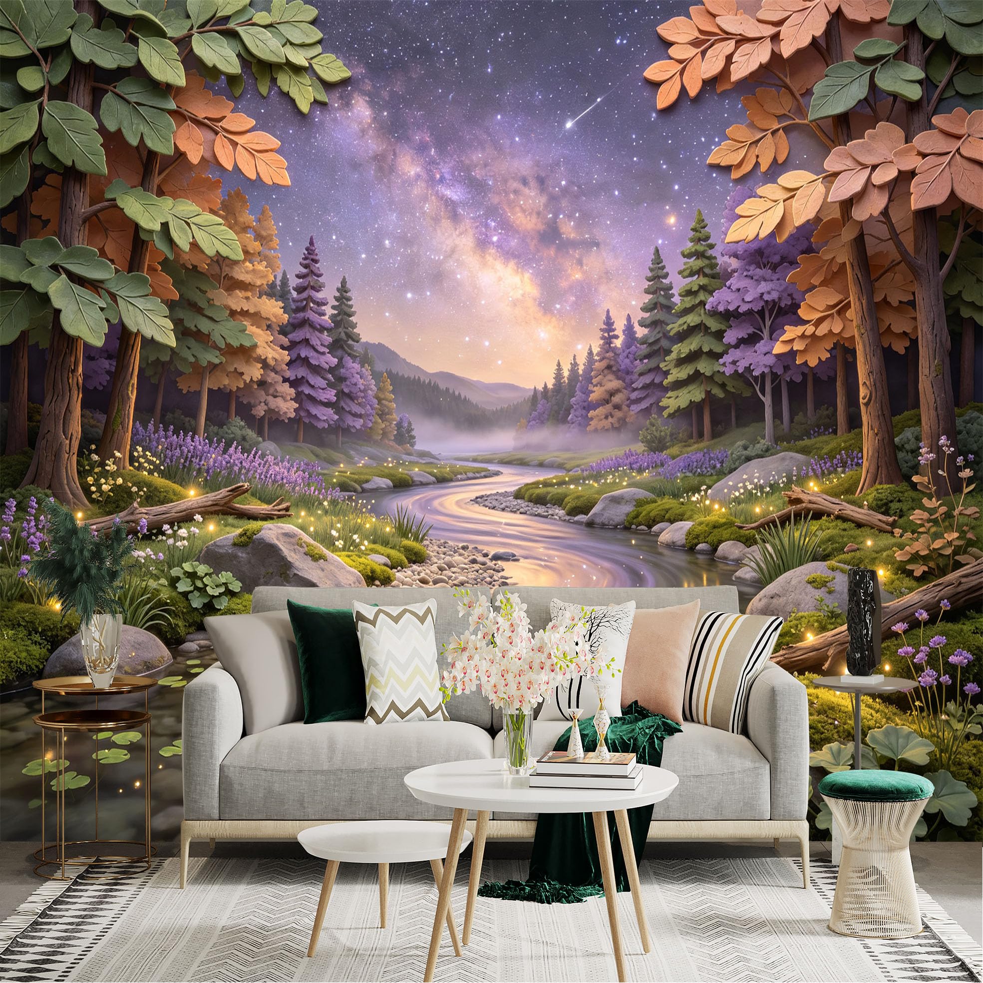 Lnzczhyre Bh260719364 Custom Size Wall Sticker Mural， Enchanted Forest Stream， Glowing Milky Way Sky， Peaceful Nature Landscape， For Wall Decoration， Peelandstick Wall Decals.