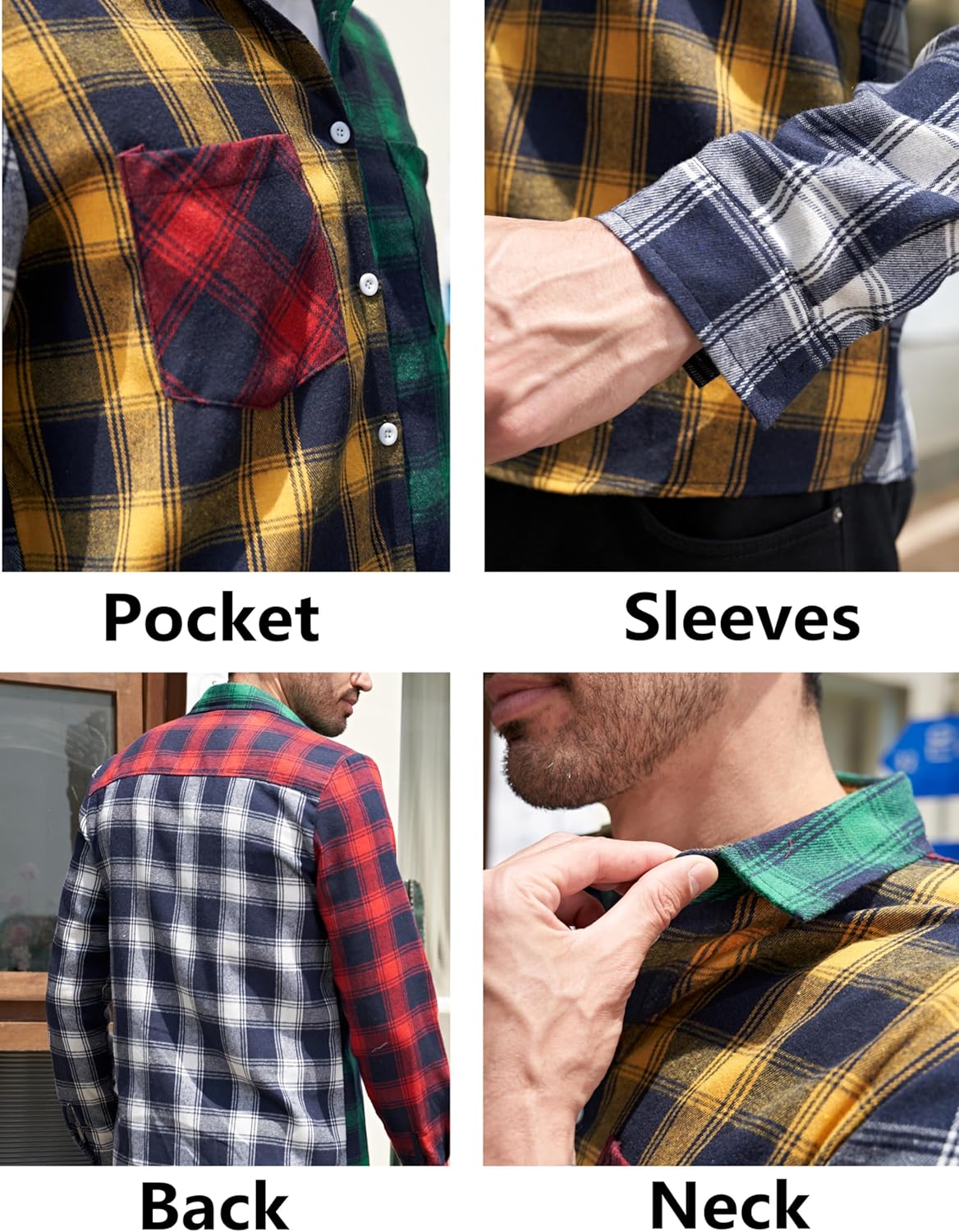 Men Women Color Block Plaid Shirt Patchwork Plaid Shirts Button Down Long Sleeve Casual Shirts - Image 5