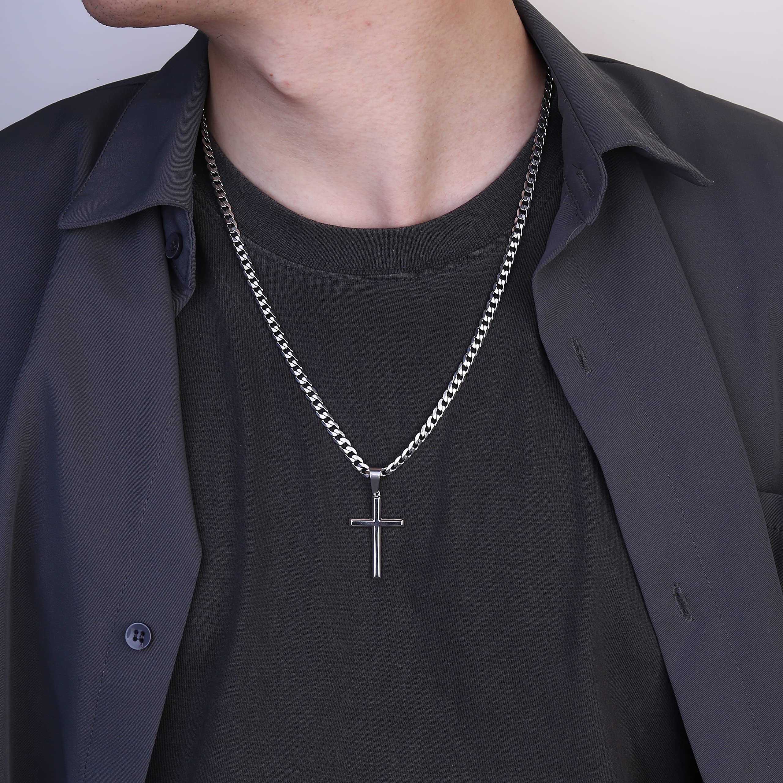 Chriscoco Collar Cruz Hombre Plata de Ley 925 Hombre Mujer 5MM Acero Inoxidable Cubano Cadena Collar con Colgante Cruz Cadena Plata para Hombre y Niños