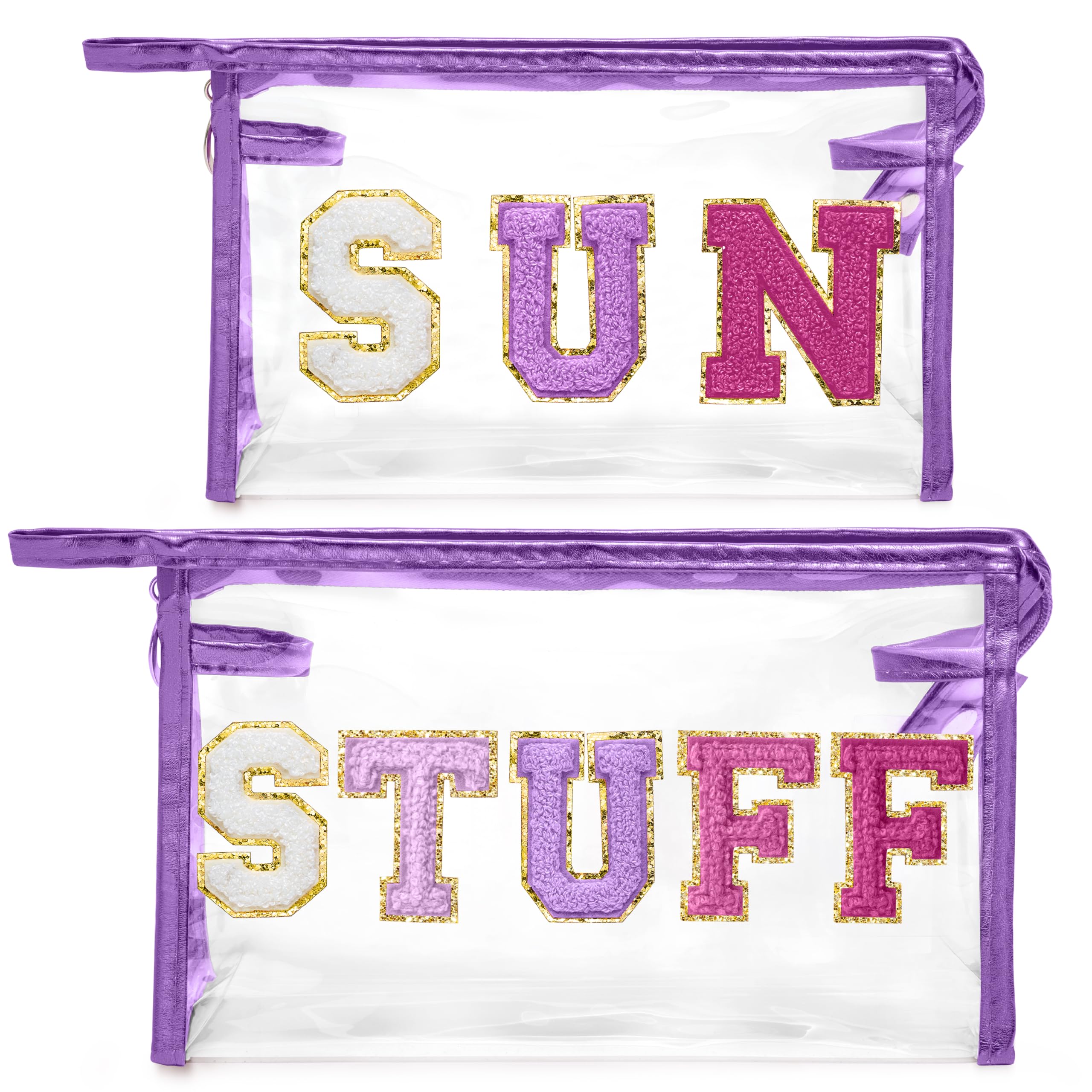 Y1tvei SUN STUFF Makeup Bag - 2Pcs Preppy Patch Chenille Varsity Letter Transparent PVC Extra Large Clear Cosmetic Pouch Portable Waterproof Travel