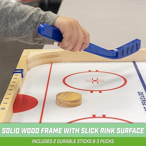 Miniatura 4 de GoSports Ice Pucky - Juego de hockey de mesa de madera para niños y adultos, incluye 1 tablero de juego, 2 palos de hockey y 3 discos