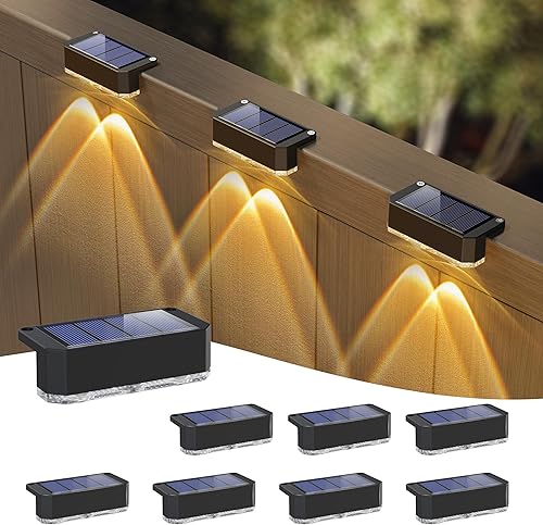 Peasur Paquete de 8 luces solares para valla al aire libre, luz de terraza, alimentada por energía solar, luces LED impermeables para barandillas,