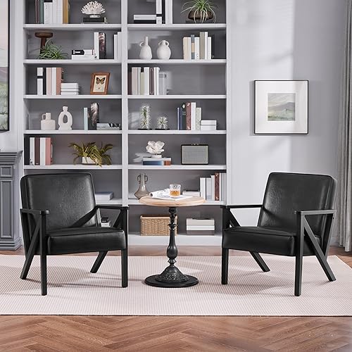 Miniatura 3 de Yaheetech Silla decorativa, silla de lectura de piel sintética, silla moderna de mediados de siglo con marco de madera maciza para sala de estar,