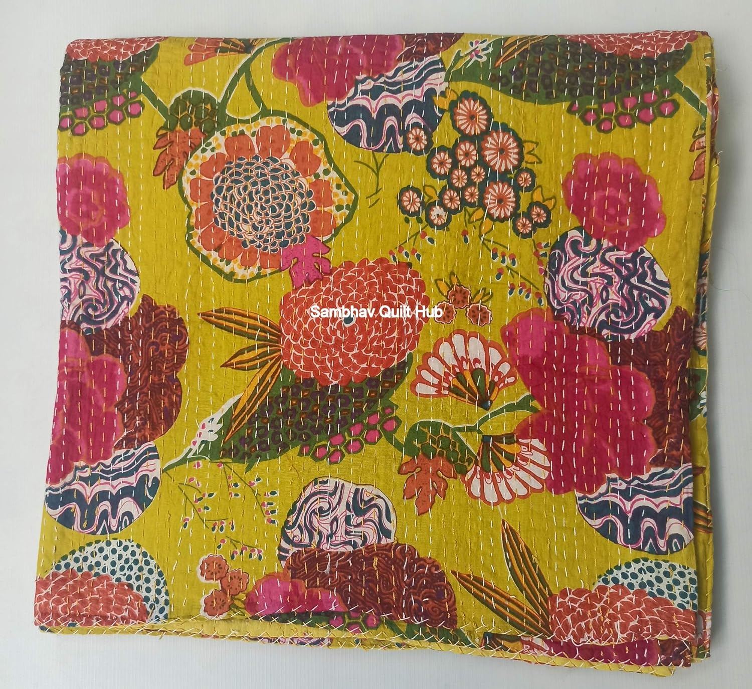 Indian Yellow Fruit Kantha Quilting with 2 Pillow Cover Vintage Ethnic Cotton Fruit Kantha Quilt Coverlet Bedspread Patchwork Stitch Blanket Twin/Queen/California King Size (60X90 inch)
