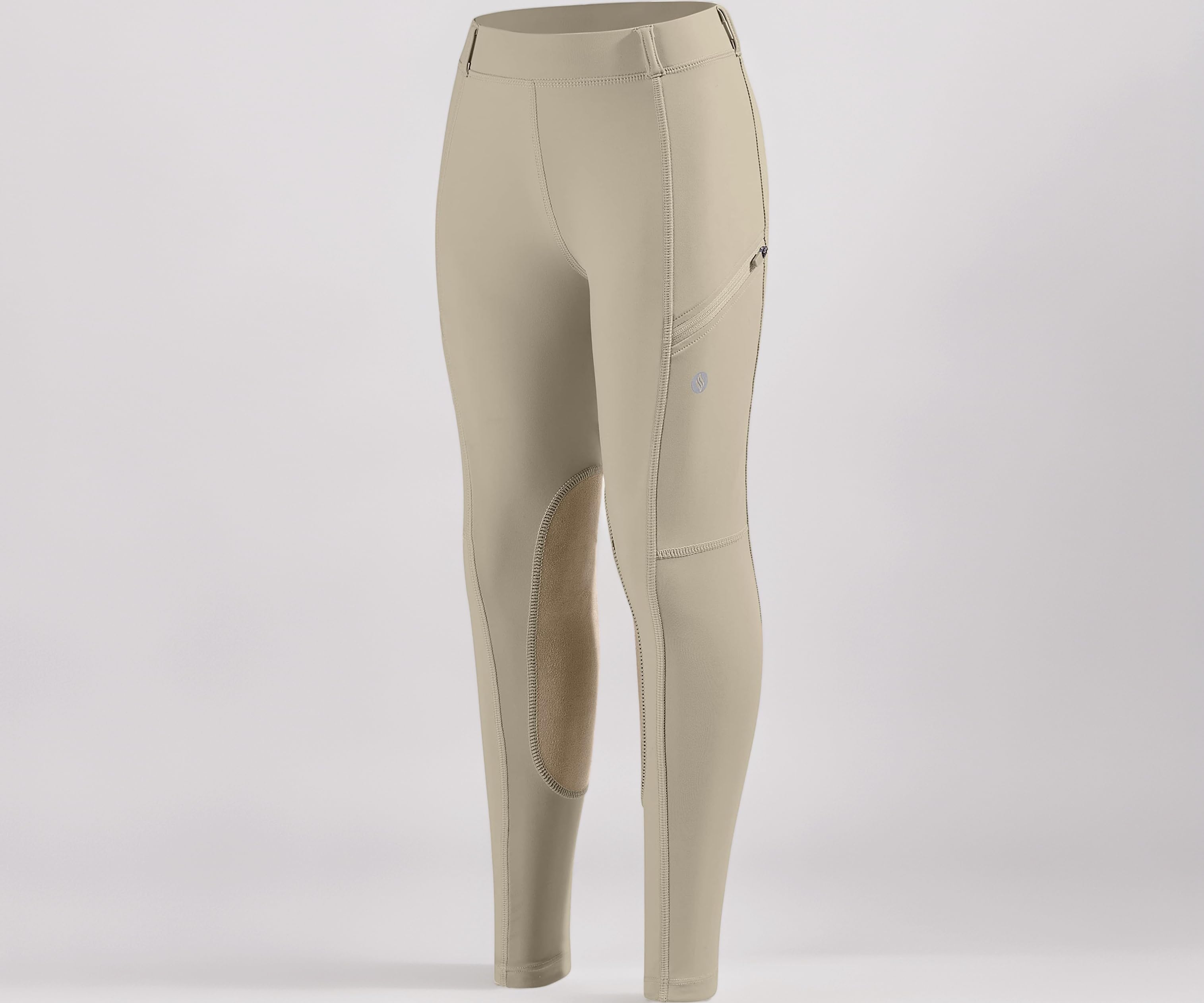 SANTINY Girls Horse Riding Pants with Zipper Pockets Kids Stretchy Equestrian Breeches Knee-Patch Youth Schooling Tights, Khaki, Large