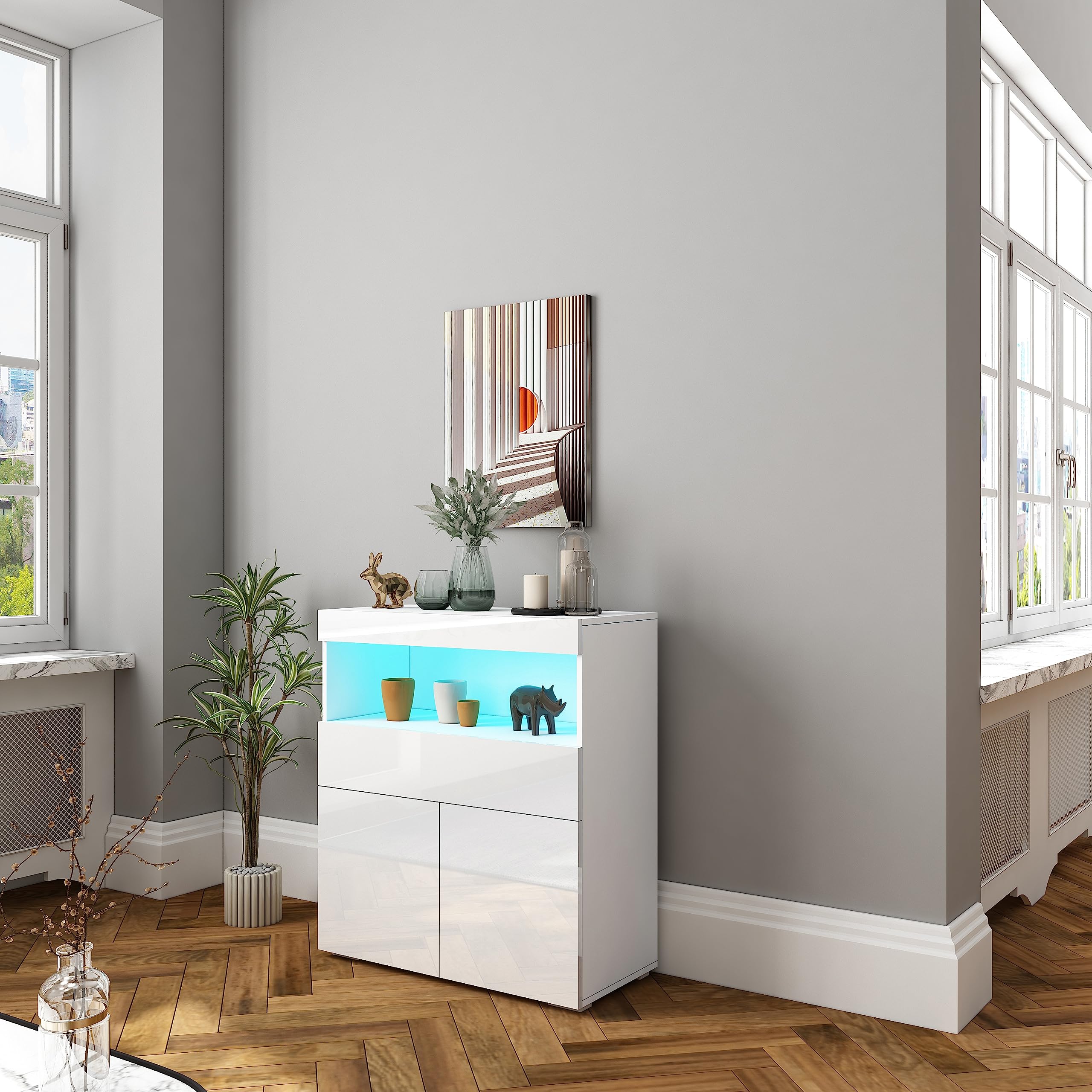 High Gloss Sideboard, Living Room Cabinets with LED Lights, Modern Display Cabinet Storage Cupboard Unit with 2 Doors 1 Drawer 1 Open Shelf Home Furniture 80 * 35 * 90CM White