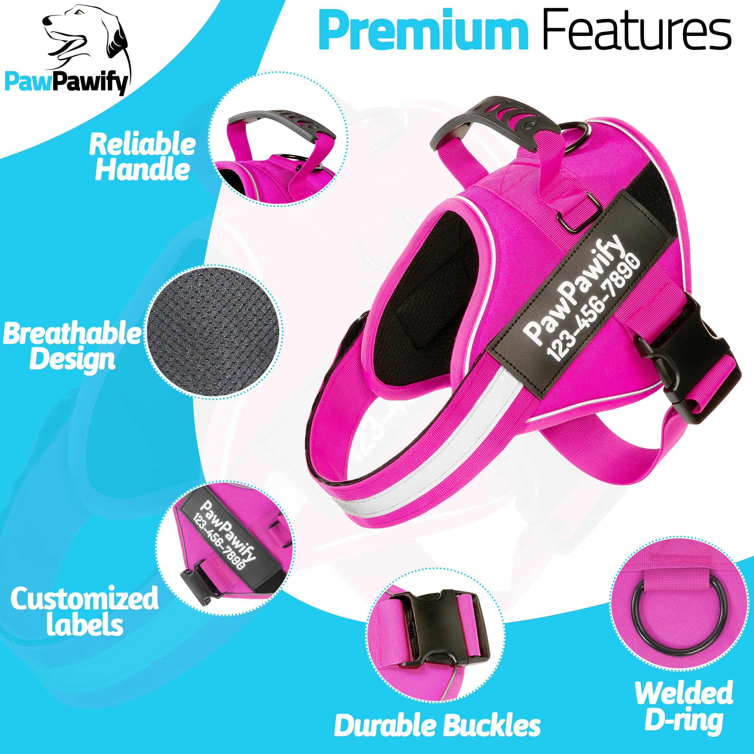 PawPawify Custom No Pull Dog Harness with Name and Phone Number, Heavy Duty Personalized Pet Vest to Prevent Tugging, Pulling, or Choking, Training and Walking (New Pink, S (10-19LBS))