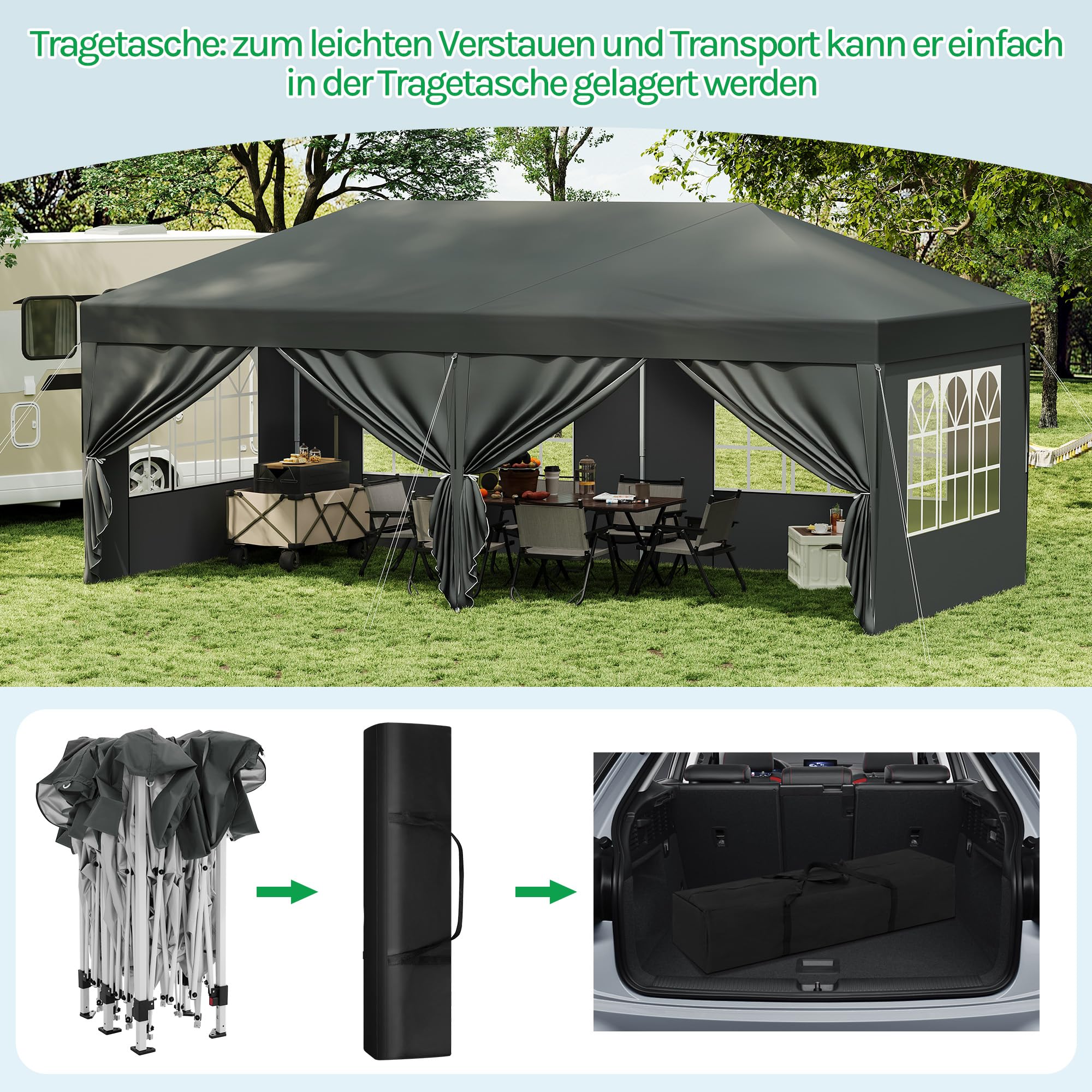 Laneetal Pavillon 3x6 m, Pop Up Faltpavillon, 6 Seitenwände mit Fenster Reißverschlüsse, Gartenpavillon wasserdicht Winterfest UV-Schutz, für Garten, Camping, Strand, Grill, Anthrazit