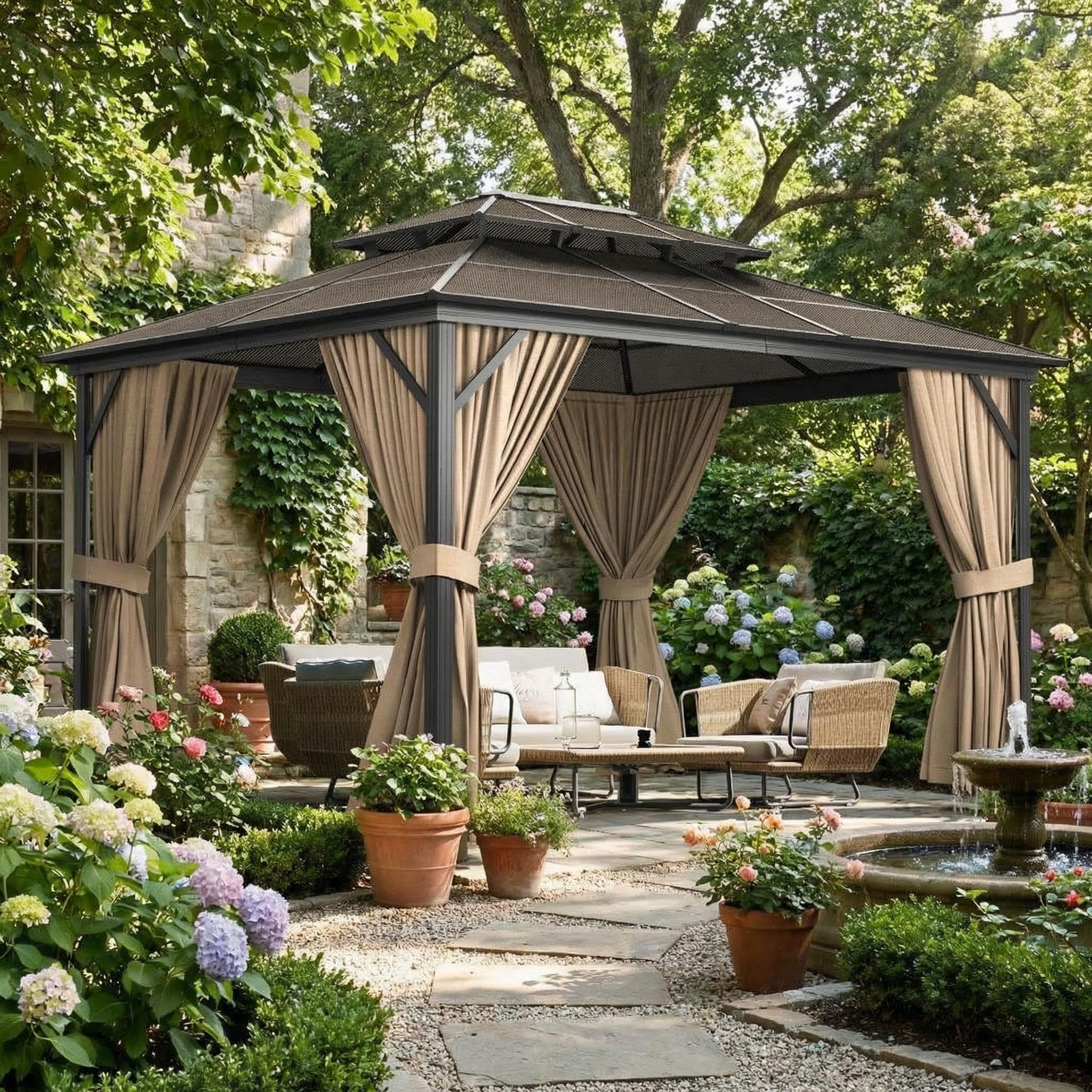 Photo 1 of 10'X13' Hardtop Gazebo, Galvanized Steel Aluminum Frame with Double Roof, Heavy-Duty Outdoor Patio Gazebo with Curtains & Netting for Backyard, Deck, Porch, Garden, Lawn, Khaki