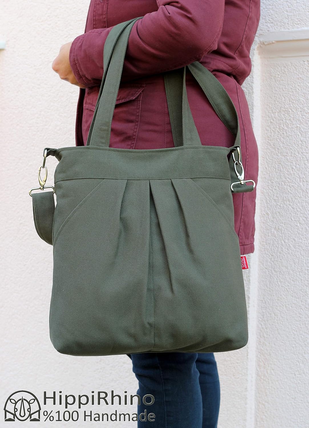 Large Canvas Crossbody Shoulder for Women Cotton Fabric Bag Pockets Washable Pleated Zipper Bag Dark Brown