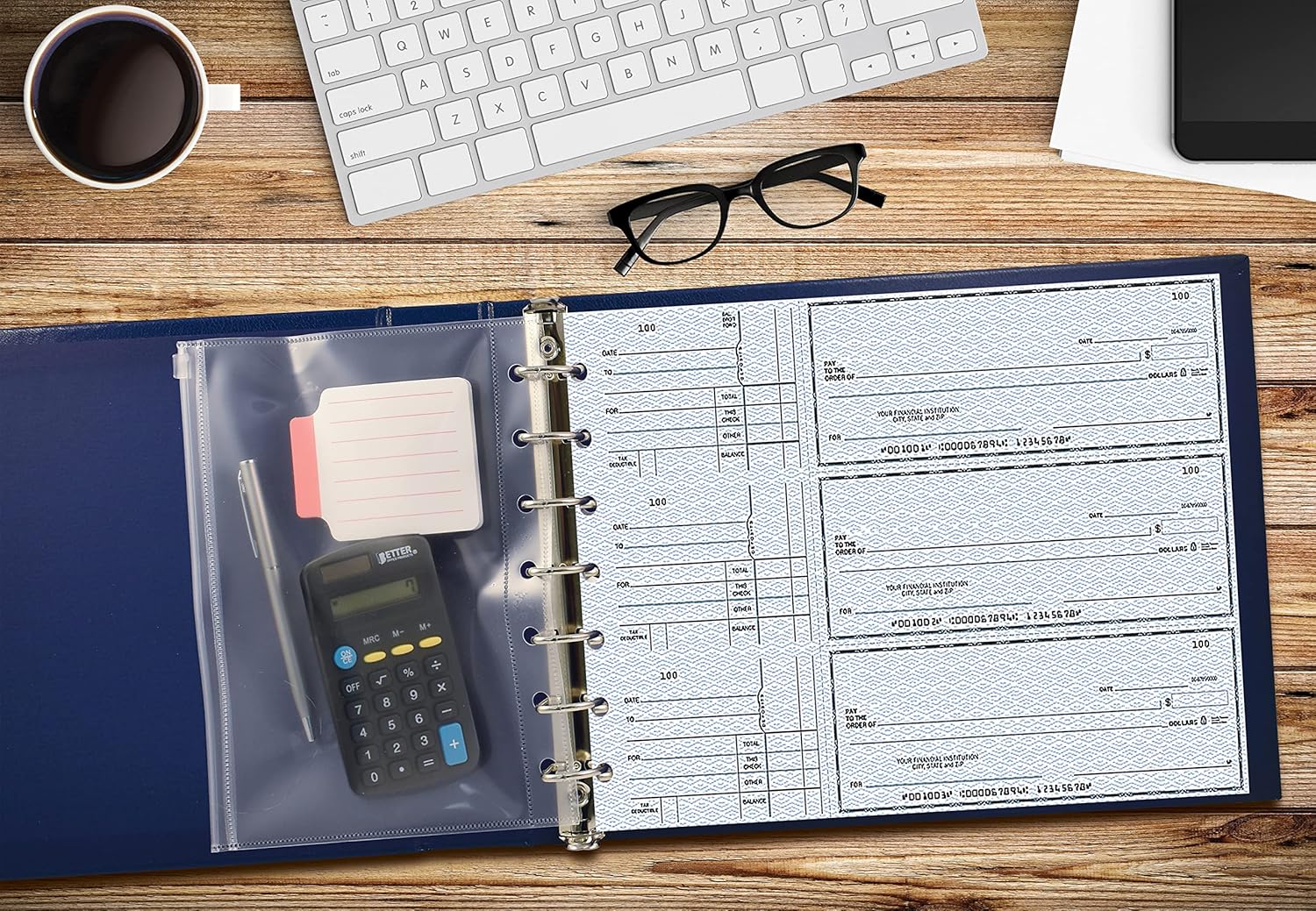 Better Office Products 7 Ring Executive Check Binder with Zipper Pouch, Padded Blue Textured Cover, for 9" x 13" 3 Per Page Business Checks, 600 Check Capacity Checkbook Holder