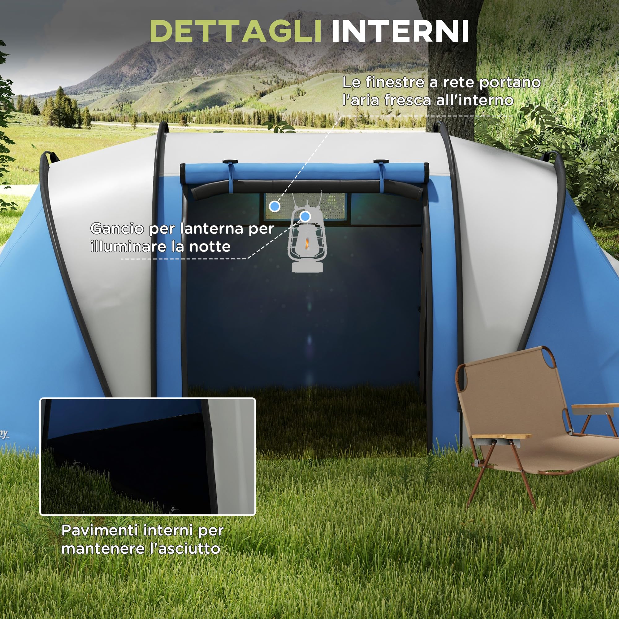 Outsunny Tenda da Campeggio 4-5 Posti con 2 Stanze e Borsa di Trasporto, Tenda a Tunnel Familiare Impermeabile 3000 mm, 220x450x180 cm, Blu