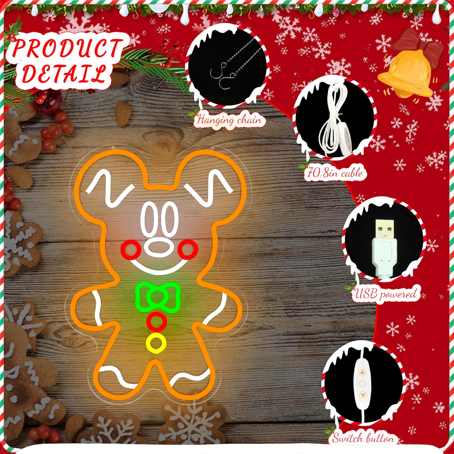 Gingerbread Neon Sign Christmas Led Signs for Bedroom Wall Dimmable Gingerbread Neon Light for Bedroom Party Home Christmas Wall Hanging Decor Gift for Children Kids - Image 5