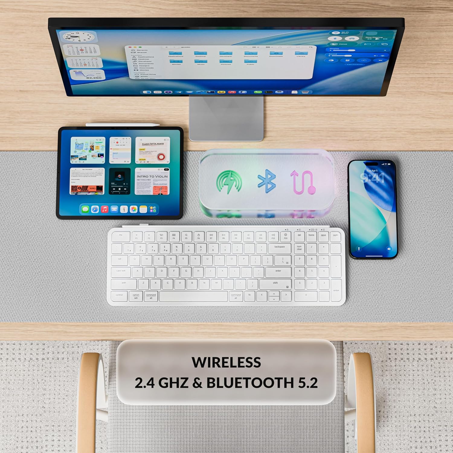 Keychron Ultra-Slim B2 Pro Bluetooth Keyboard 2.4 GHz Wireless Lightweight 96% Launcher Support with Numeric Keypad Compatible for Mac Windows Linux - Ivory White