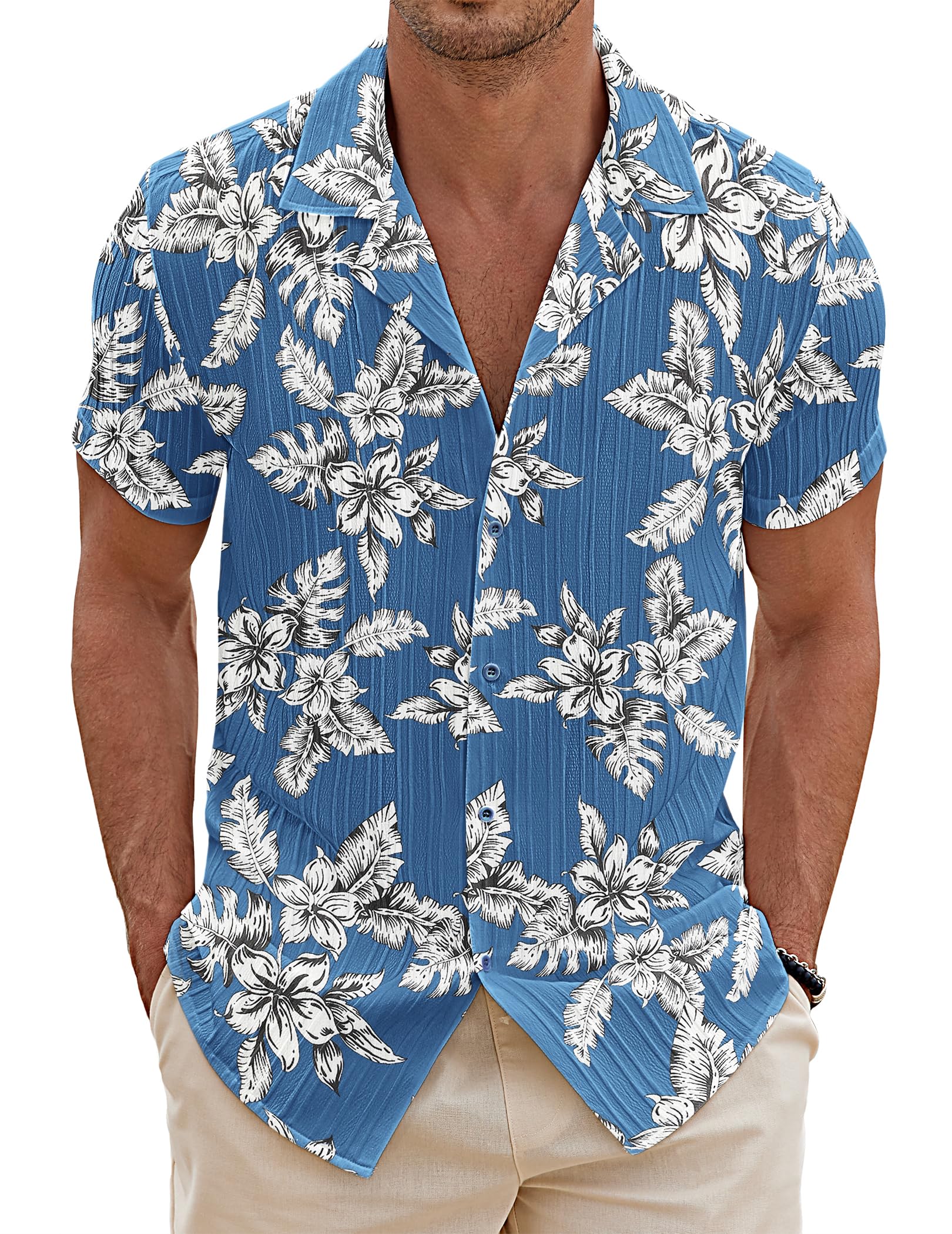COOFANDY Herren Hemd Kurzarm Sommer Freizeithemd Kuban Kragen Hawaiihemd Gestreift Struktur Strand Hemden Guayabera Shirt