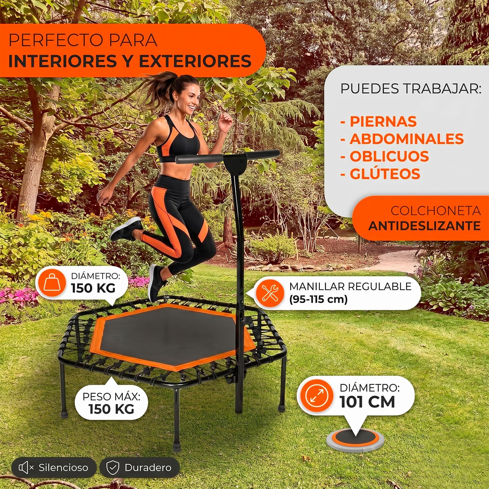 Cama Elástica Fitness con Manillar, Trampolín Plegable, Altura Ajustable, Diámetro 95cm, Instalación Fácil, Mango Ajustable en 5 Niveles, Jump Fitness