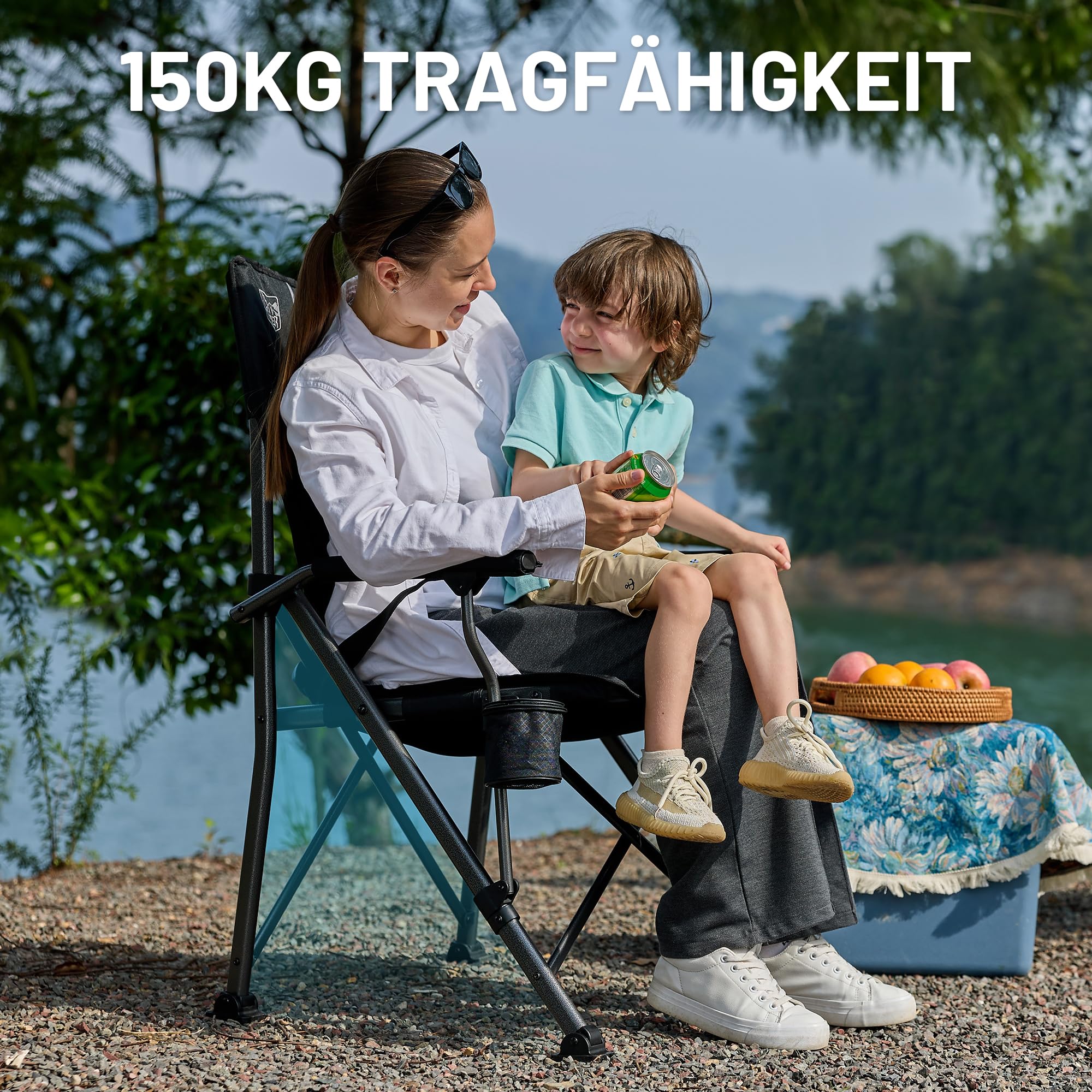 TIMBER RIDGE Campingstuhl Faltbar 150kg Belastbar Verstellbare Lendenwirbelstütze Klappstuhl mit Getränkehalter Tragetasche Angelstuhl Faltstuhl Hochlehner Sessel für Camping Garten Balkon Picknick