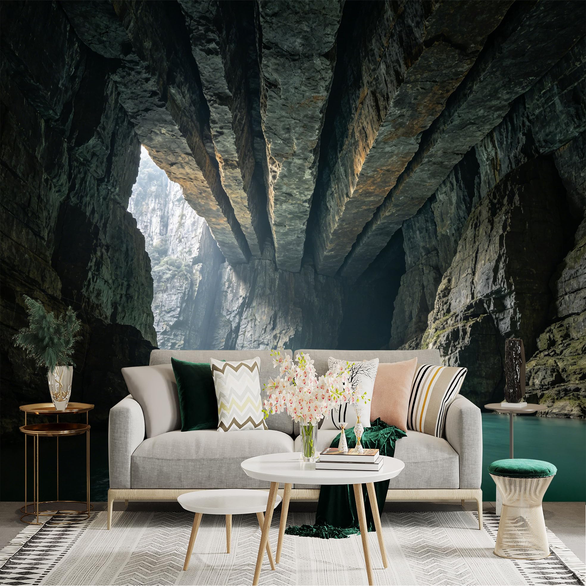 Lnzczhyre Dbh260521826 Custom Size Wall Sticker Mural， Natural Karst Cave With Turquoise River， Geological Stone Formation， Sunlight Filtering Into Underground Lake， For Wall Decoration， Peelandstick Wall Decals.