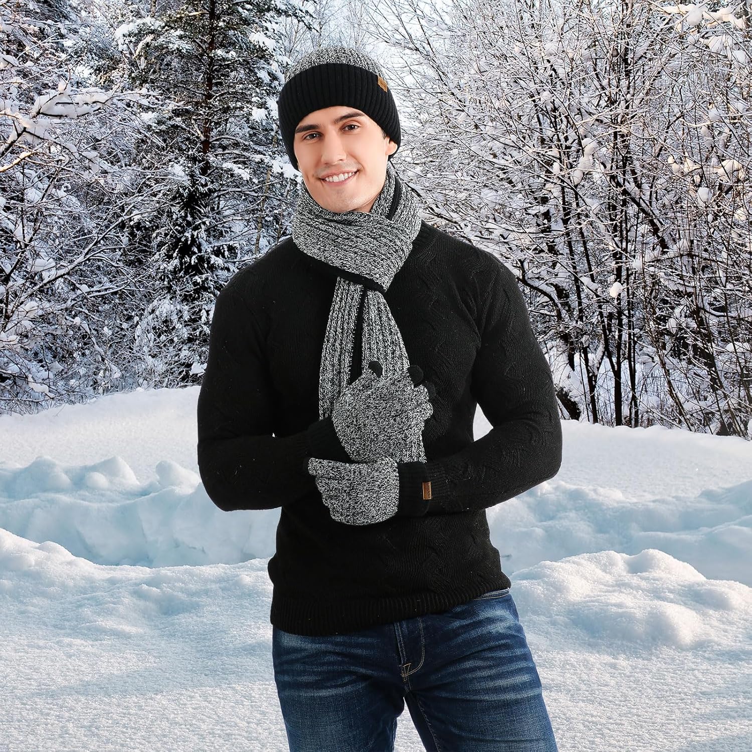 Men's Winter Hat Scarf Gloves Set, 3 PCS Warm Beanie Long Scarf Fleece Lined Touchscreen Gloves for Cold Weather - Image 5