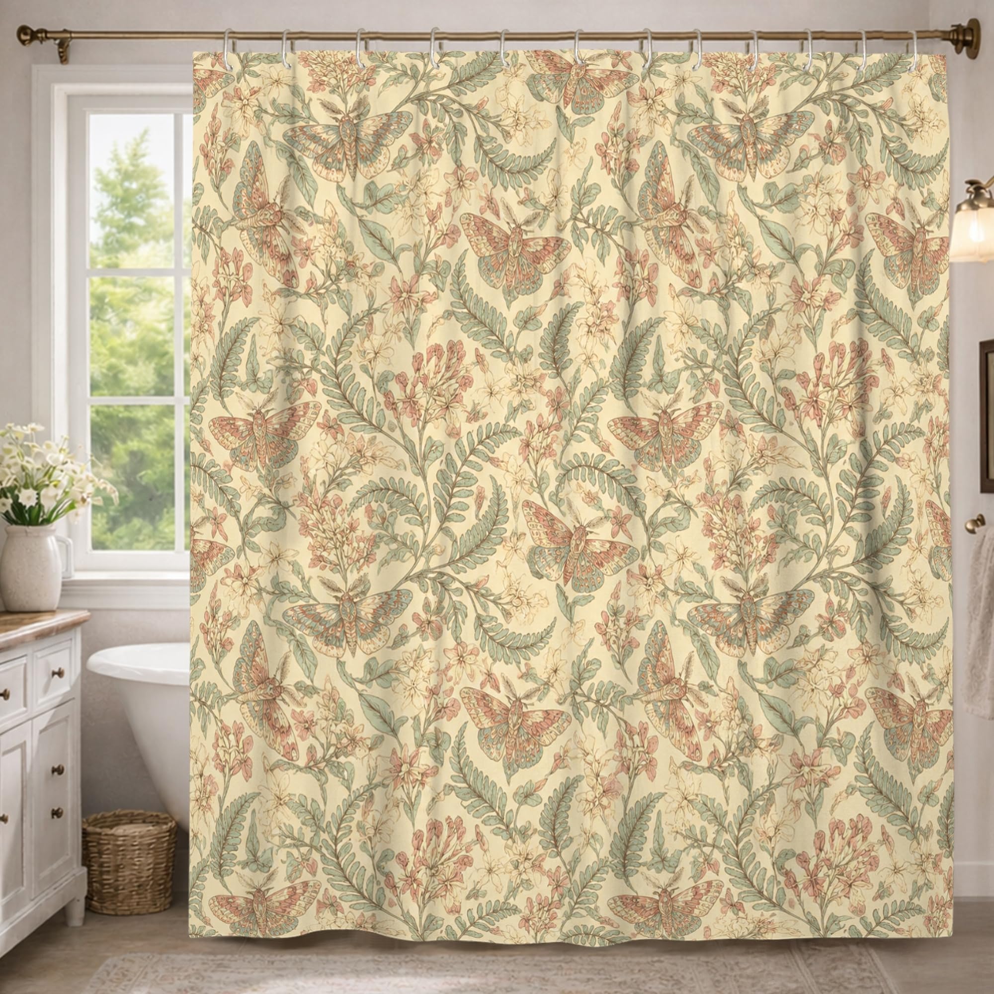 Rideau de douche extra long 183x243 cm imperméable en polyester à motif papillon floral