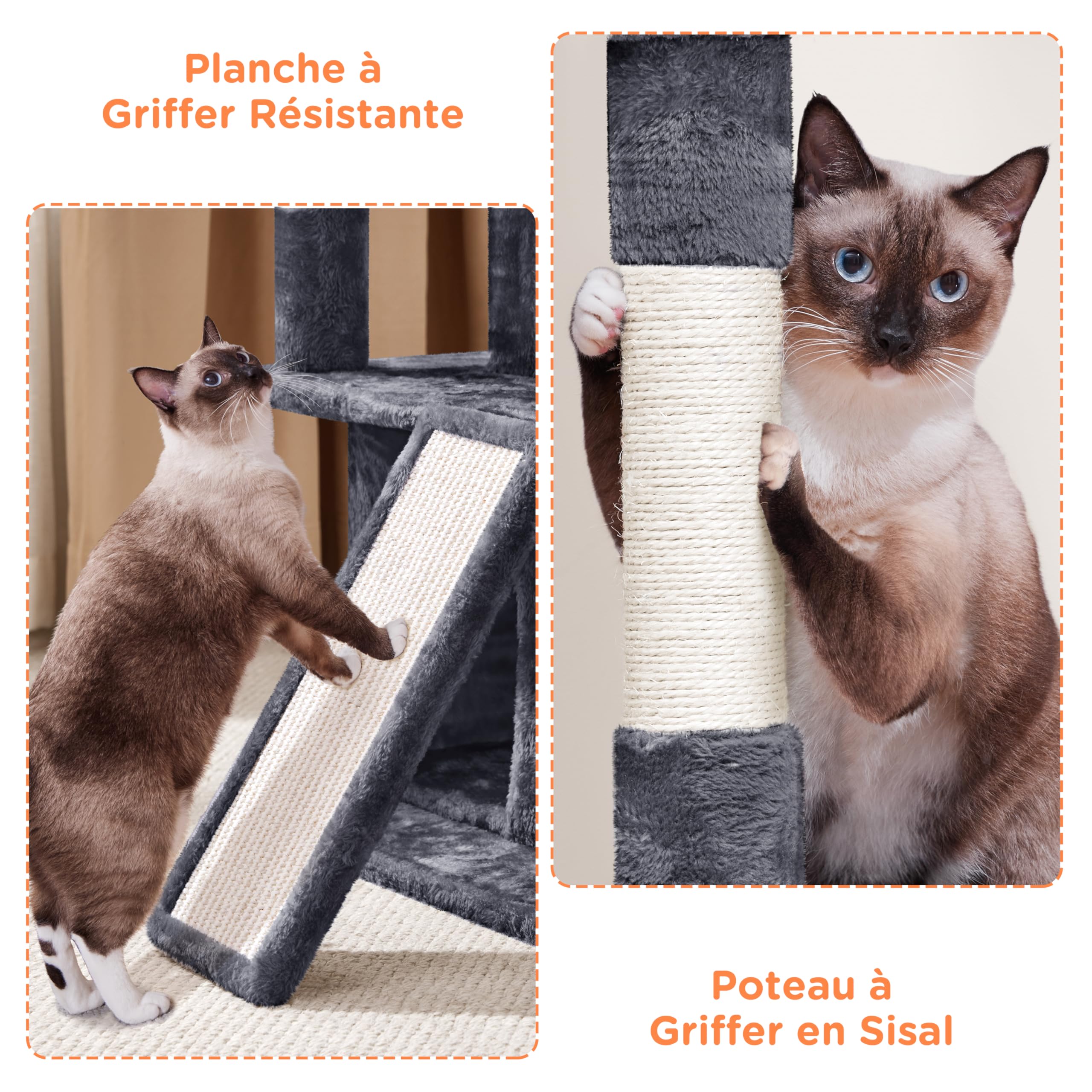 Yaheetech Arbre à Chat avec Griffoir et Poteaux en Sisal Centre d'activités 2 Niches 1 Boule de Peluche et 1 Platforme 49 x 45,5 x 91 cm Gris Foncé