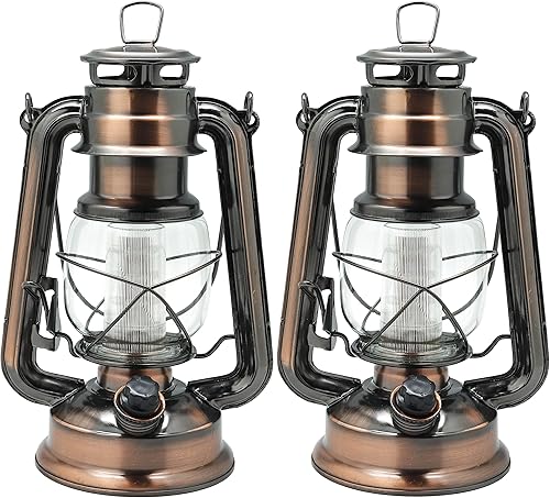 YAKii Farol LED vintage colgante de metal Hurricane 12 LED regulador de intensidad con interruptor de atenuación blanco cálido, funciona con pilas,