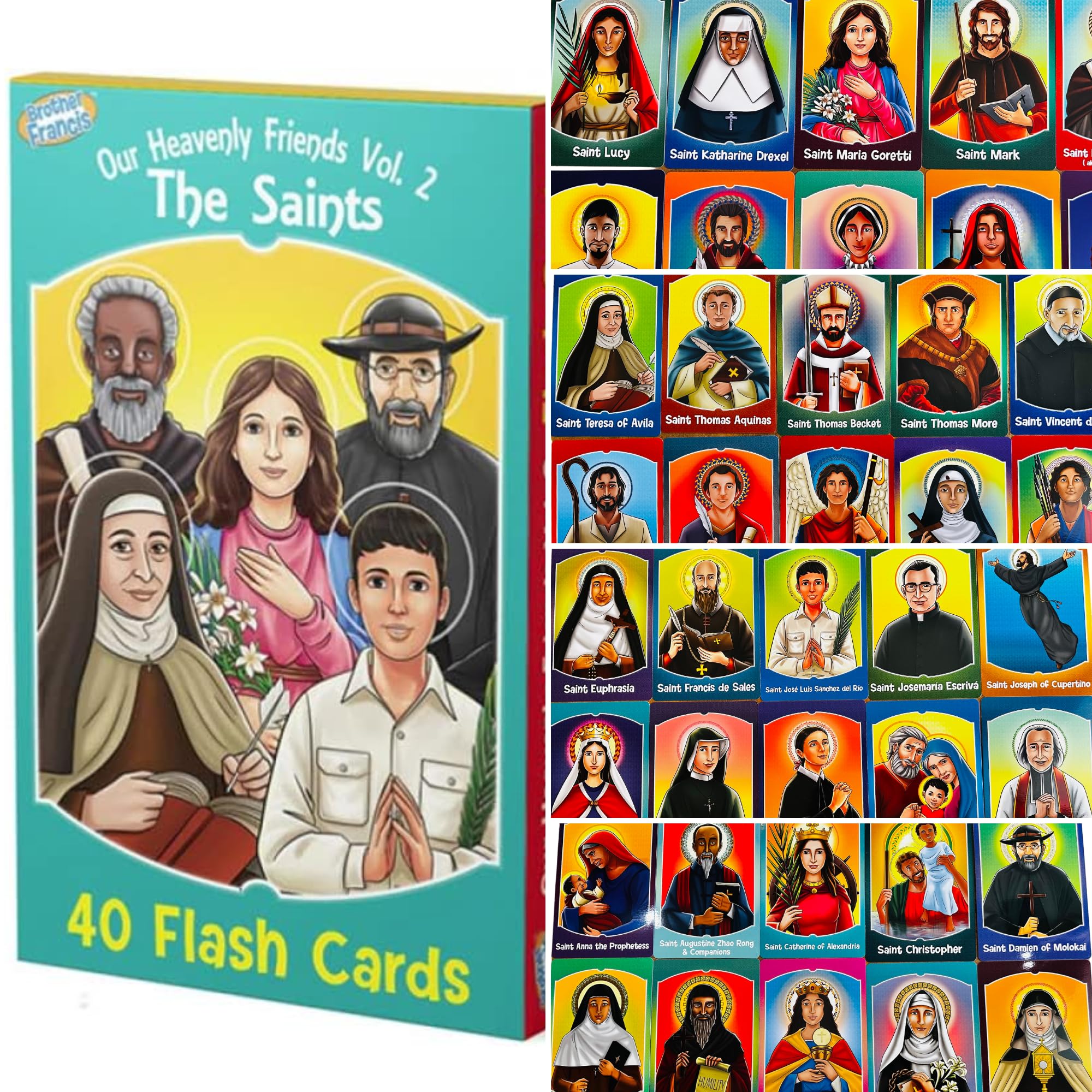 Brother Francis Volume 2: 40 Large Patron Saint Flash Cards with Modern Illustrations - Catholic Educational Gift for Kids & Adults - Faith Based Home School Bible Study Aid