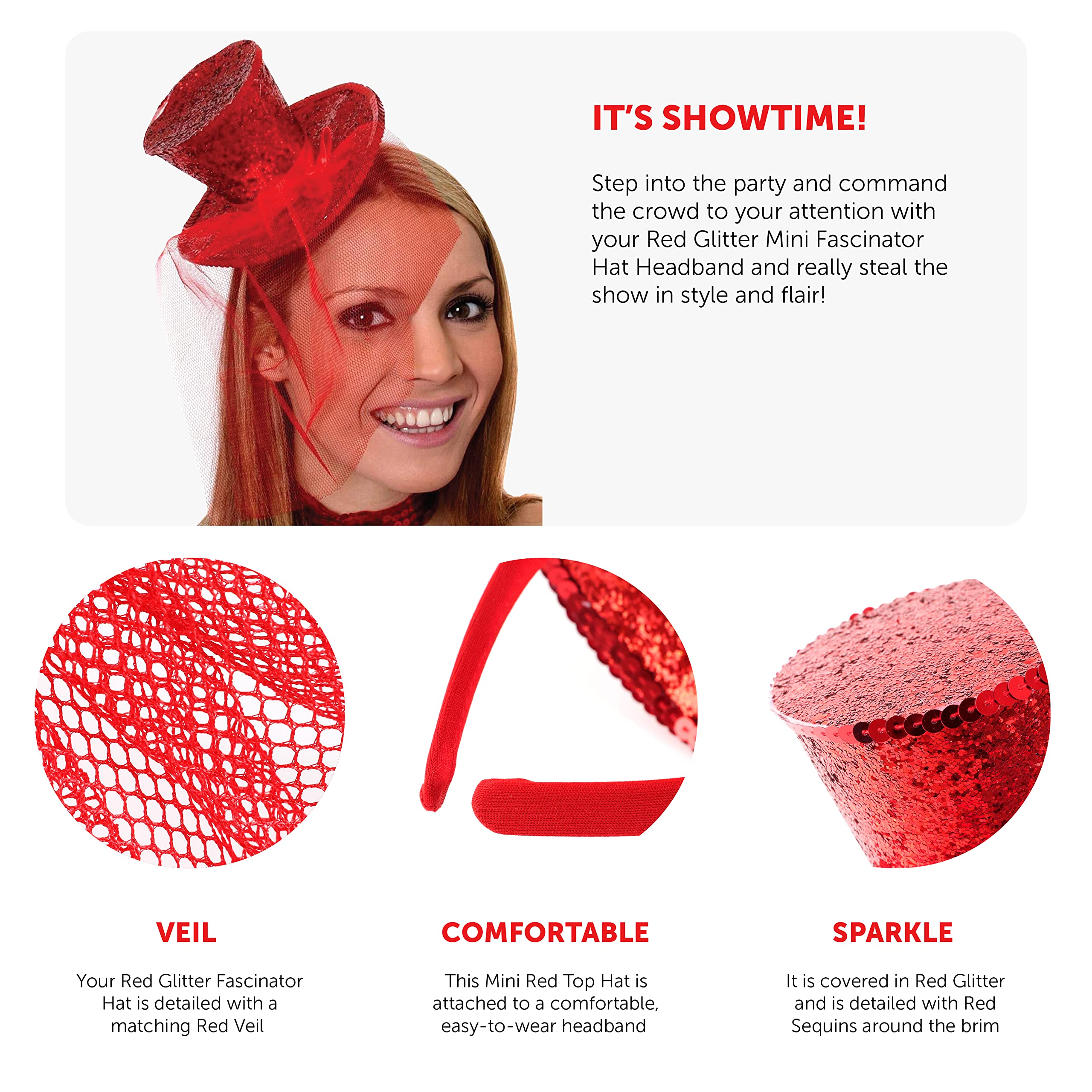 Sombrero de copa rojo con purpurina para mujer, paquete de 12, mini sombrero de lentejuelas rojas con velo rojo adjunto, accesorio de disfraz de Navidad para mujer