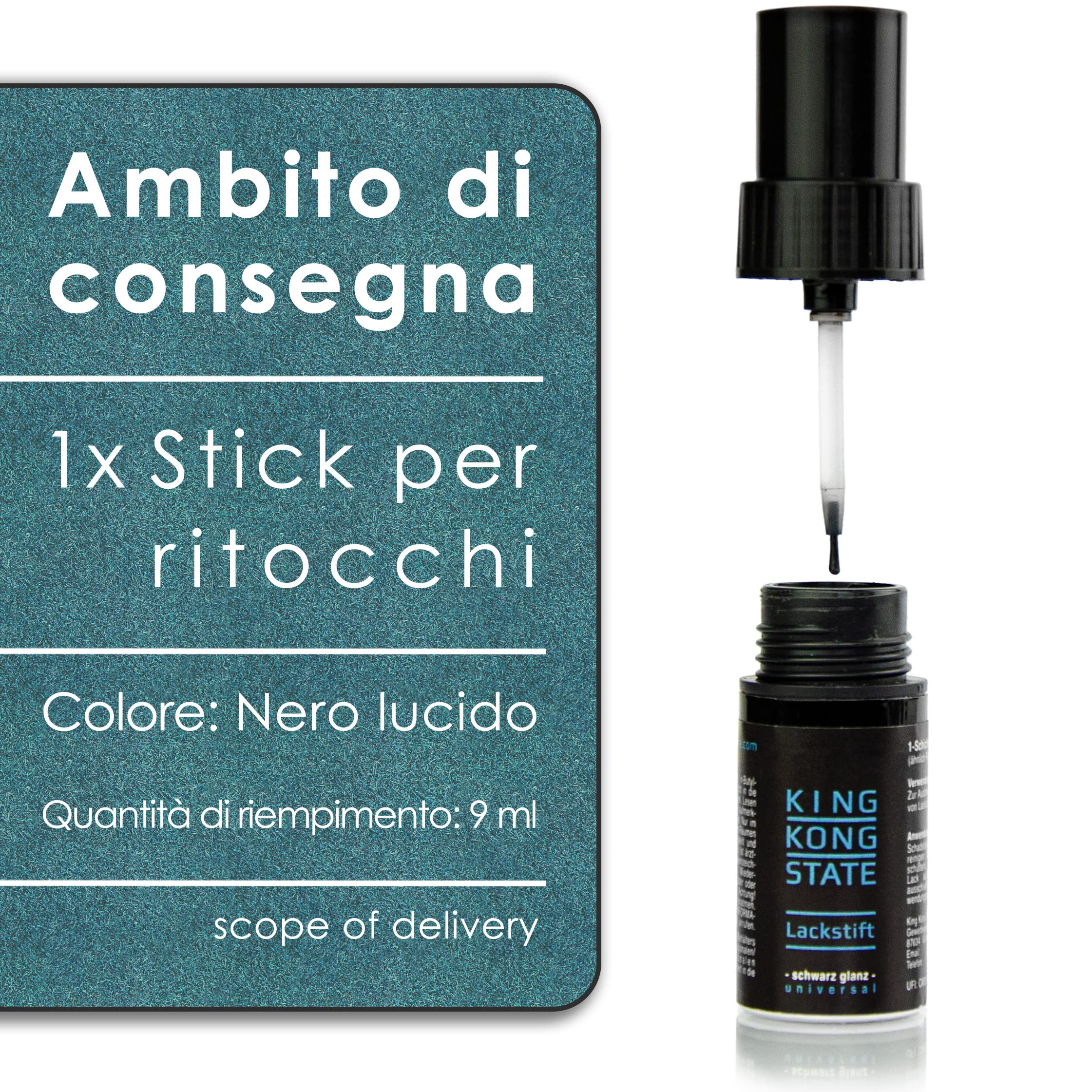 King Kong State – Vernice da ritocco nero lucido – 1 strato di vernice per la riparazione di urti da pietrisco e graffi sull'auto (effetto lucido)