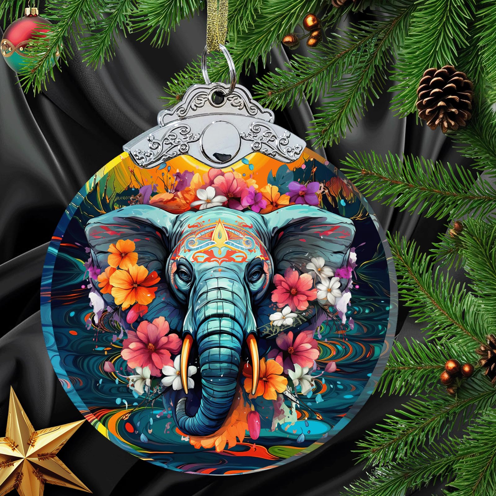 Crystal Glass Elephant Christmas Ornament - 3" Christmas Tree Decoration for Women & Men - Elephant Lovers Gift Idea