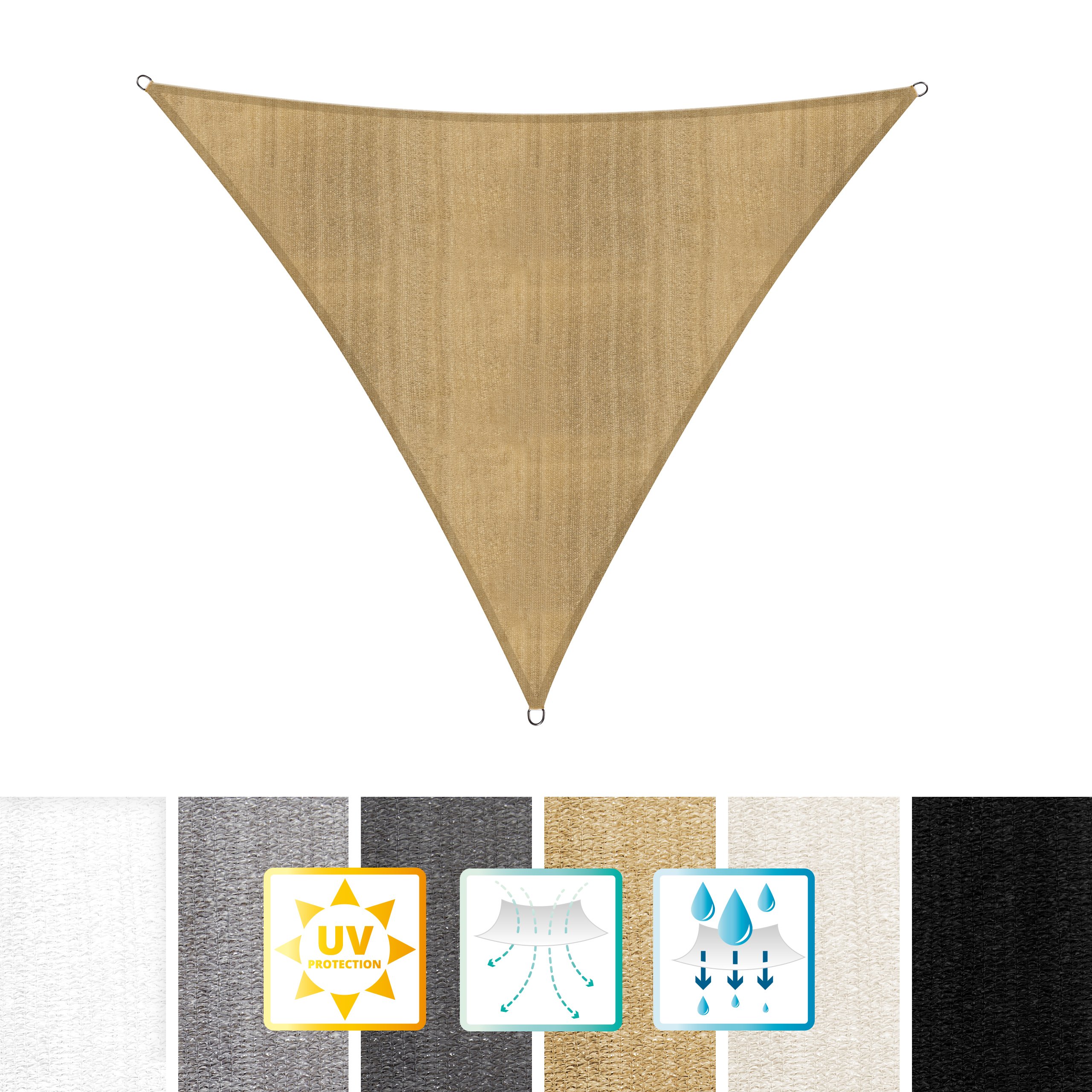LumalandOutdoor Sun Shade Sail with fastening ropes - Triangle 3x3x3 m - 100% HDPE with stabilizer for UV Protection - Awning Canopy for Patio Garden - Sun Screen, Sunsail - Sand
