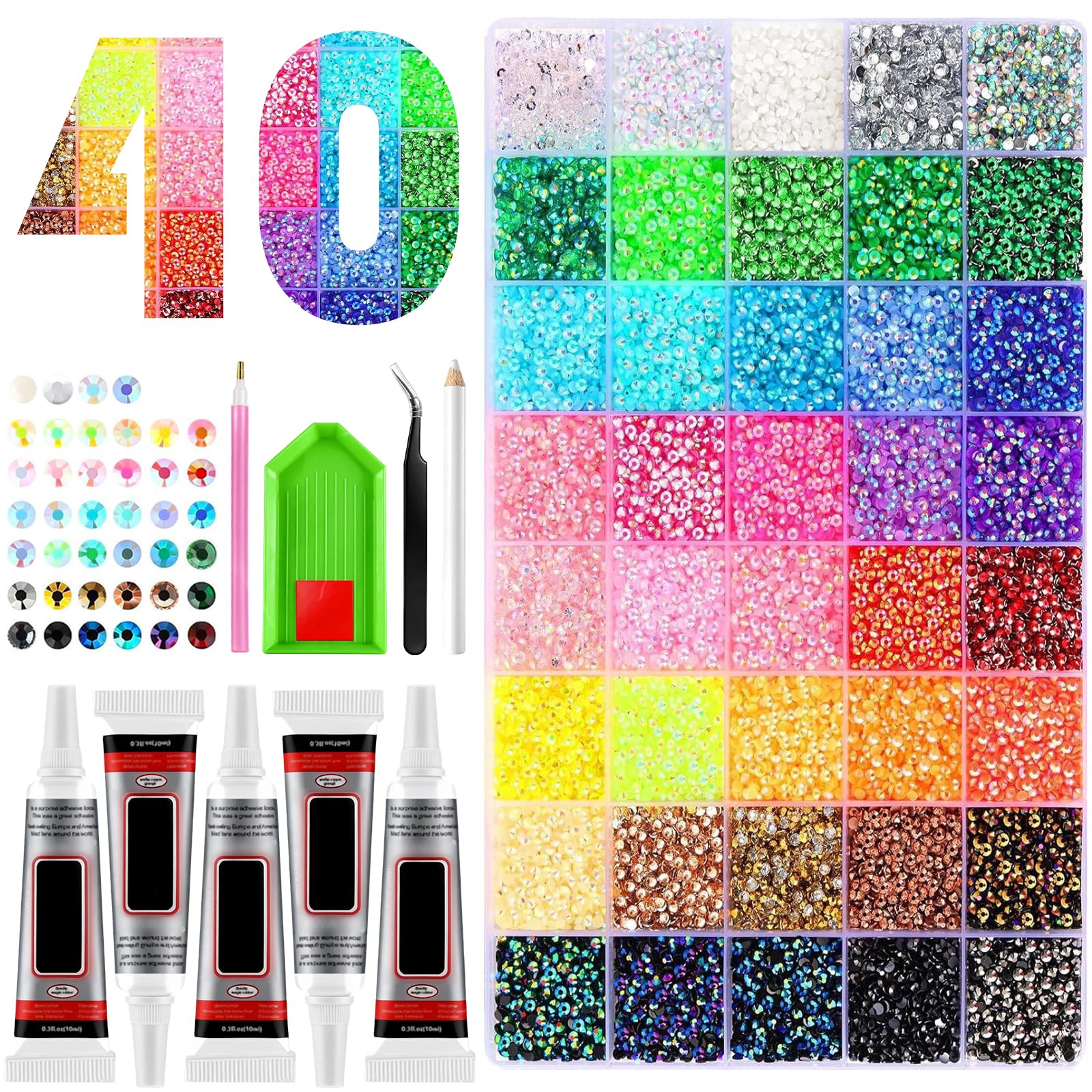 32000Pcs 3mm Rhinestones for Bedazzling, 40Colors Bedazzling Kit, with 5 Tubes of Glue, Bedazzled Kit for Nail Crafts Shoes Clothes DIY Decoration