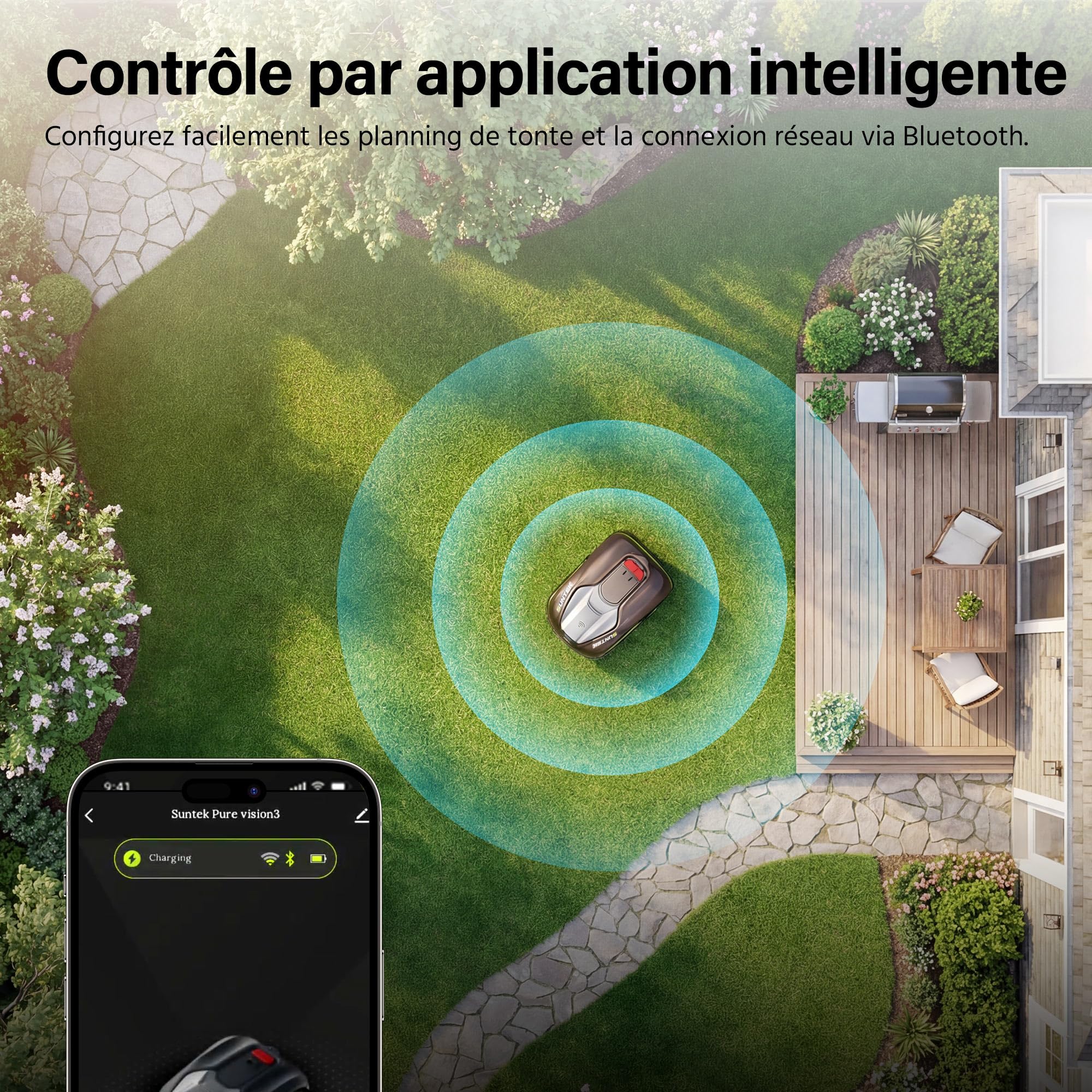SUNTEK Robot Tondeuse sans Fil Périphérique - Robot Tondeuse IA + Vision pour 250 m², Technologie IA Caméra, Pente jusqu'à 35°, Étanchéité IPX5, Cartographie Automatique, Contrôle APP