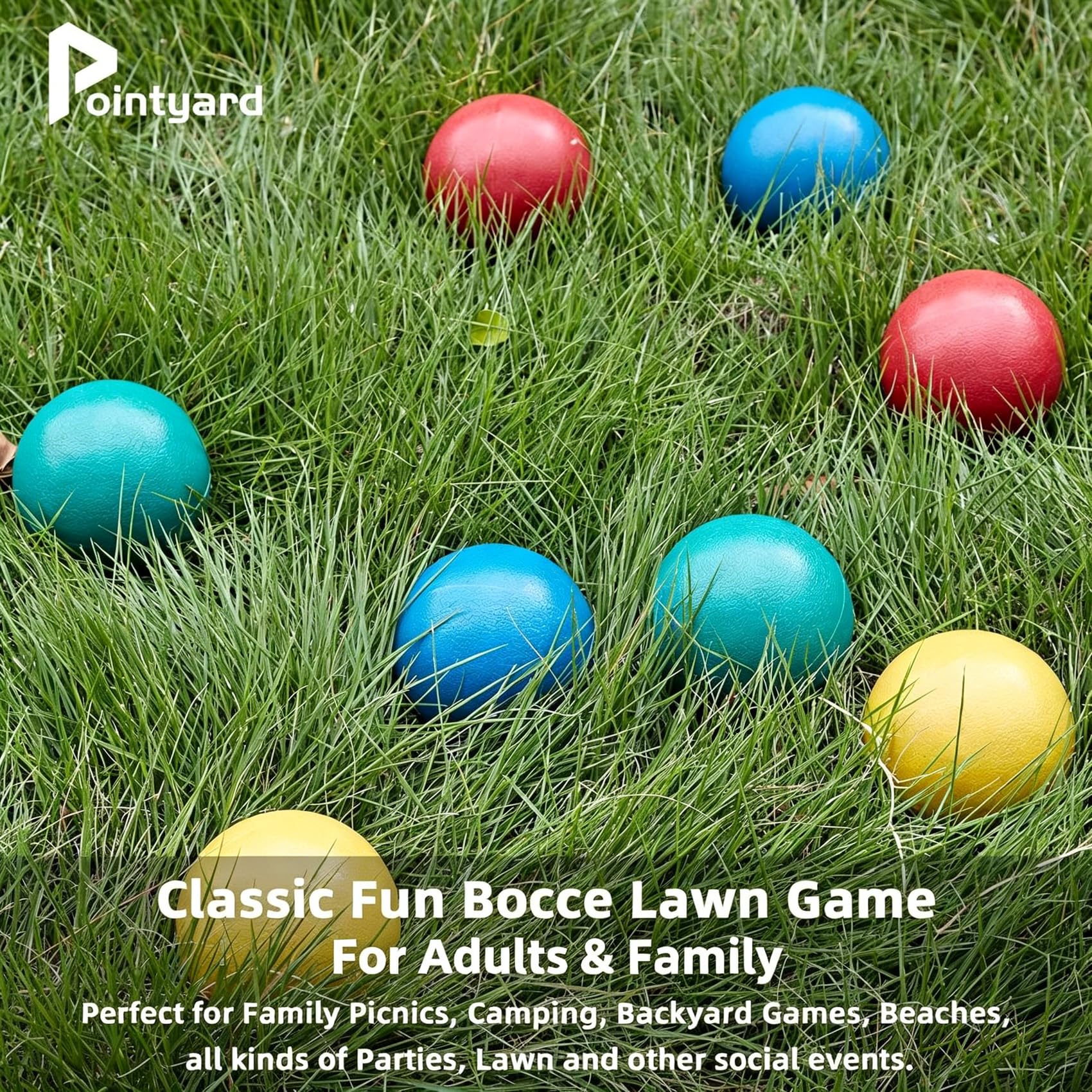 Bocce Zestaw piłek Bocci 84 mm z 8 kulkami PE Bocce | 1 torba do przenoszenia, taśma pomiarowa - gry rodzinne na podwórko / trawnik / plażę (czerwony, niebieski, zielony, żółty)