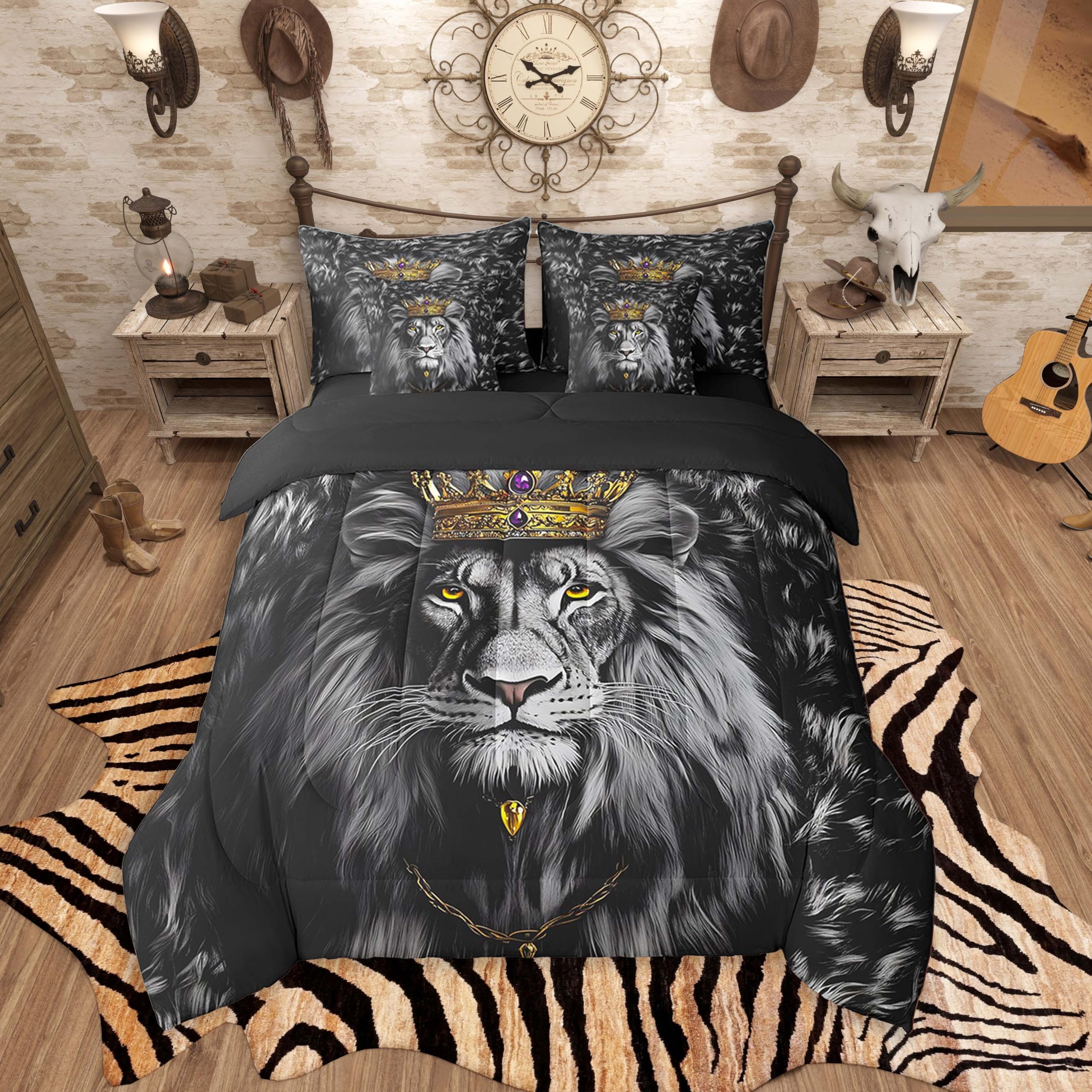 Feelyou Black Lion Comforter Set 7 Pieces King Size Safari Print Bedding Set for Kids Animals Fur Print Bed in a Bag,Comforter & Sheets & Pillowcases