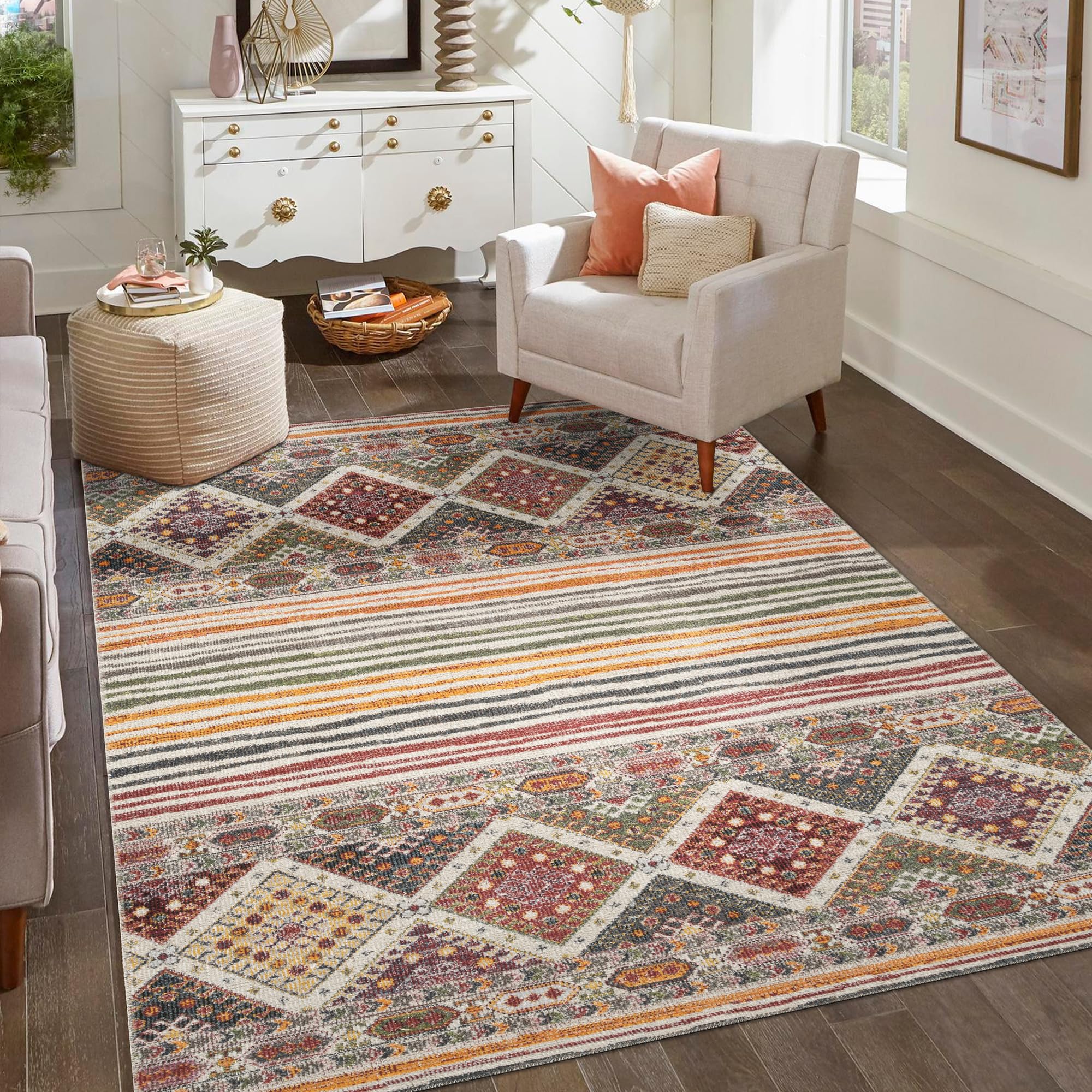 Aress Modern Living Room Rug Washable Polypropylene Area Rug with 2mm Cut Pile and Cotton Backing Stylish Low-Pile Indoor Carpet for Bedroom - Hallway, Multi Colour-Herigate, 160x230 cm