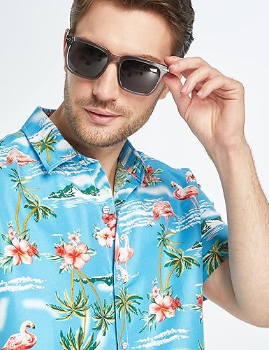 Vista 3 de SSLR Mens Hawaiian Shirt Flamingos Casual Short Sleeve Button Down Shirts Aloha Shirt