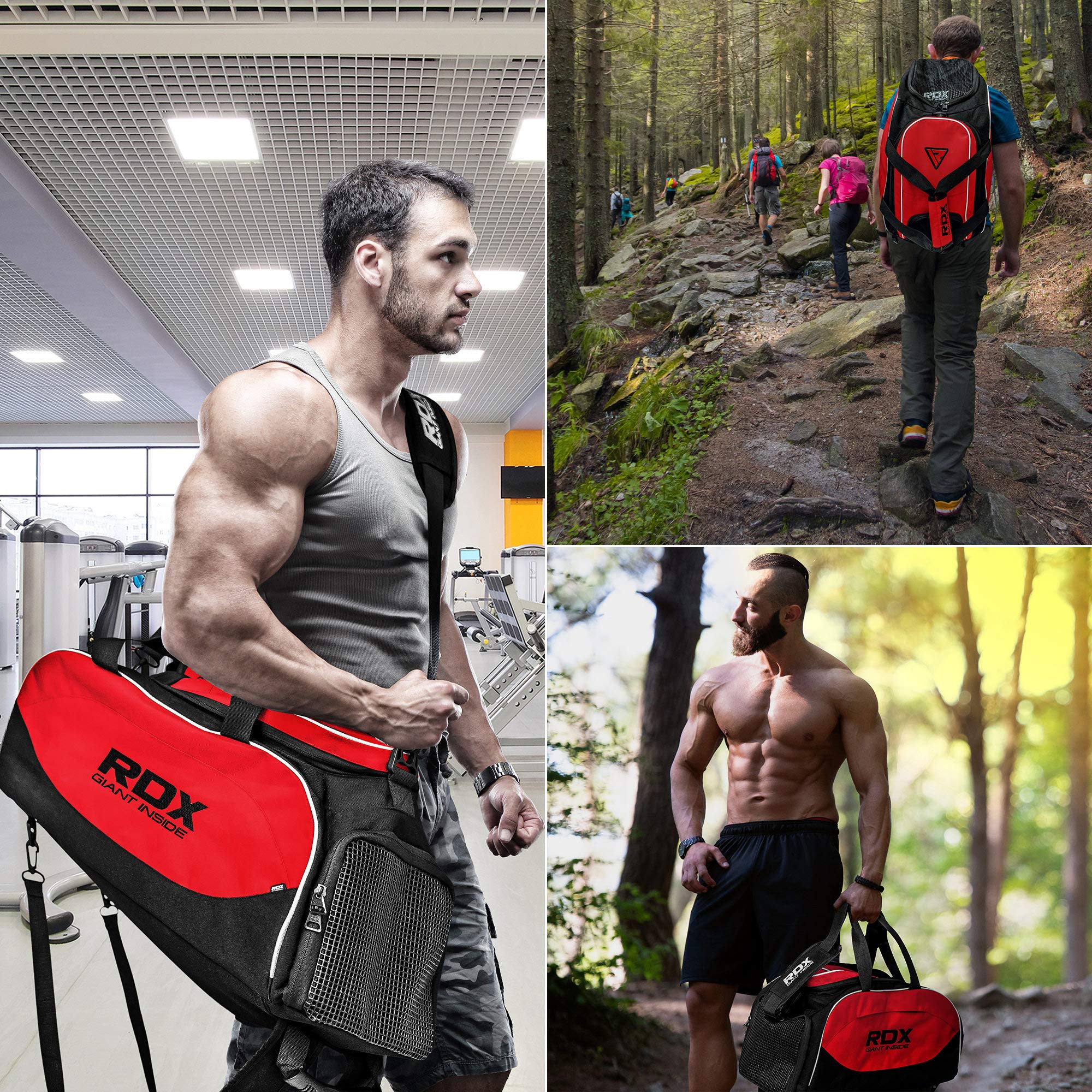 RDX Sporttasche mit Fach für Schuhe Gym Backpack Boxen Gymnastik Ausrüstung Rucksack Umhängetasche Trekking Outdoor Damen und Herren Handtasche für Reise, rot / schwarz