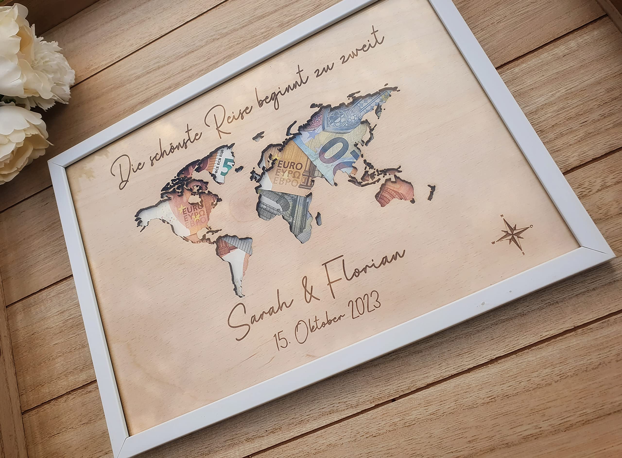 Generisch Hochzeitsgeschenk personalisiert | Geldgeschenk Hochzeit | Weltkarte personalisiert | Geschenk Hochzeit | personalisiertes Hochzeitsgeschenk | Geschenk Flitterwochen (Größe 30x20 cm)
