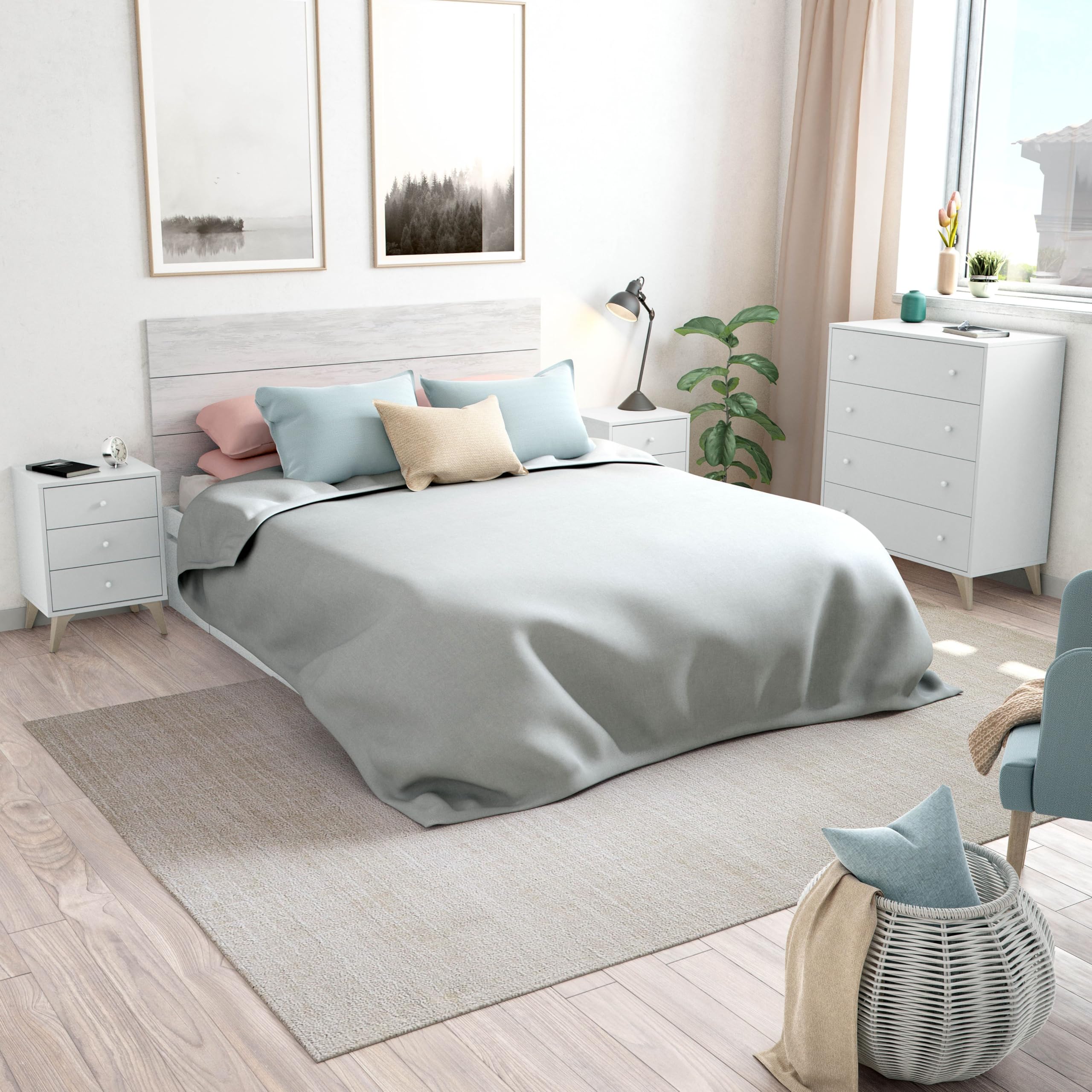 Habitdesign – Mesita de Noche con 3 Cajones y Patas, Color Blanco Artik, 56x40x33,5 cm – Modelo Sweet