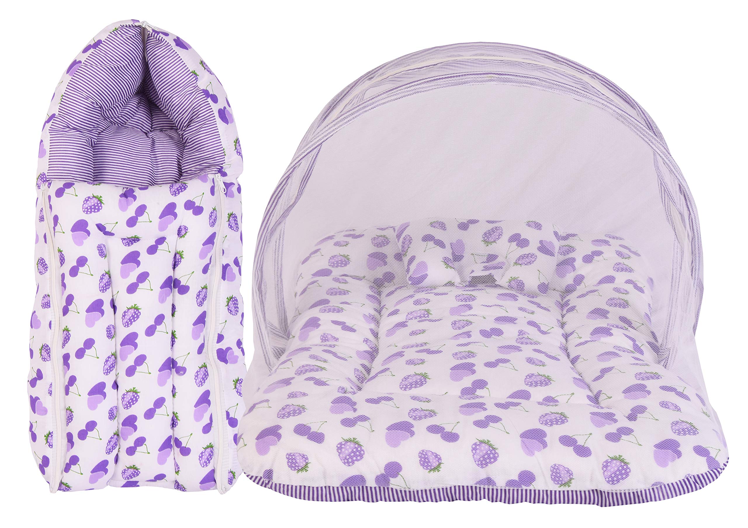 Babloo Baby Bed New Born Baby Bedding Set | Mosquito Net | Mattress | Carry Bag | Essentials Combo | Cotton | Infants | Boys & Girls (0-6 Months, Purple)
